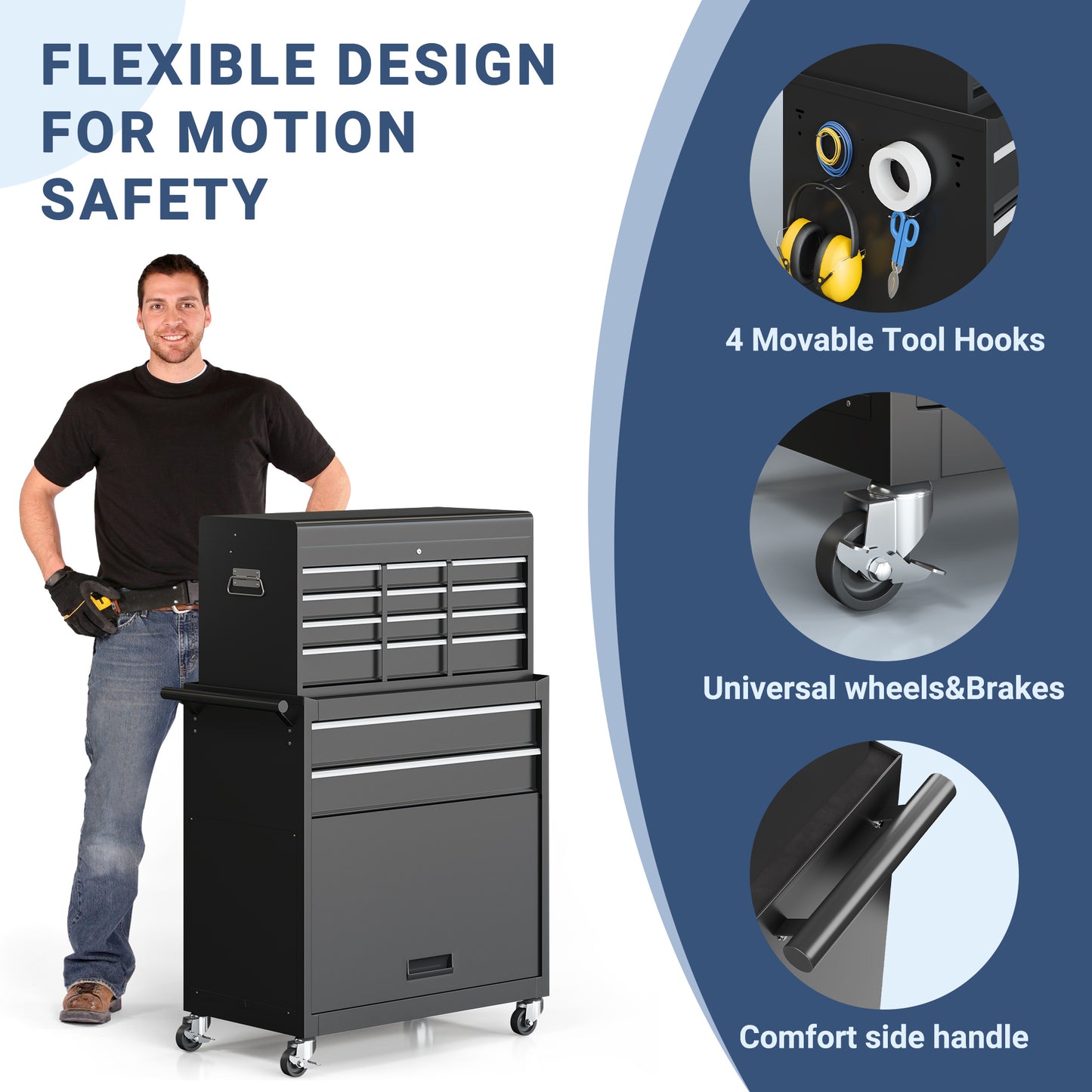 NETAJE Metal Tool Chest, 2 in 1 Steel Rolling Tool Box & Cabinet On Wheels for Garage, Detachable Top Tool Box and Lockable Wheels Metal Tool Cart for Garage, 8-Drawer, Black