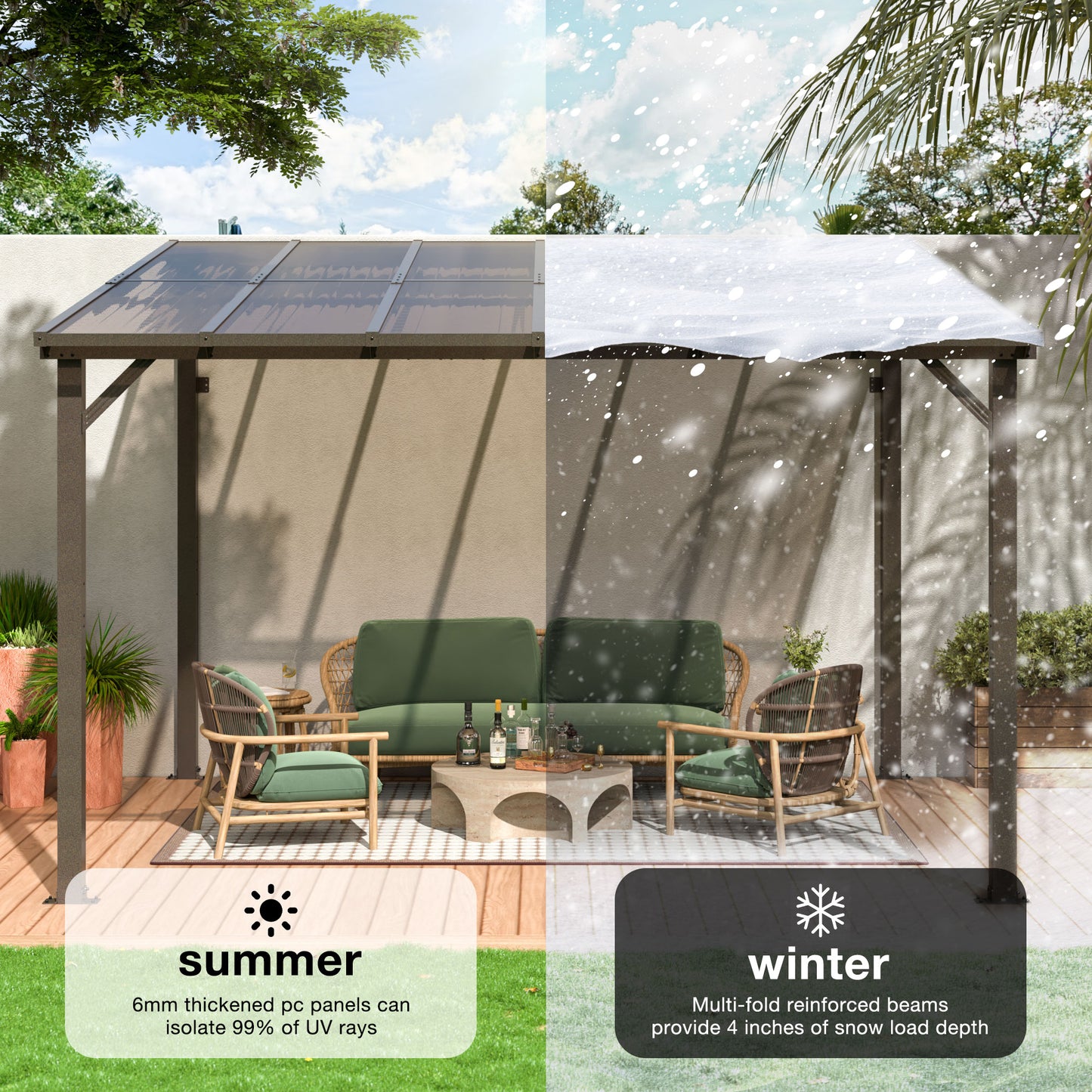 10' x 12' Gazebo, Outdoor Wall Mounted Gazebo & Pergola with Aluminum Frame for Patio, Decks, Porch and Backyard