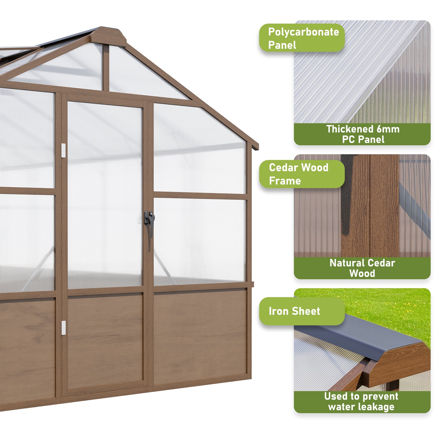 NETAJE 8'x16' Outdoor Wooden Greenhouse, Heavy Duty Walk in Polycarbonate Greenhouse with Ventilated Window, Locked Door and Roof Vent for Patio, Garden, Backyard, Brown