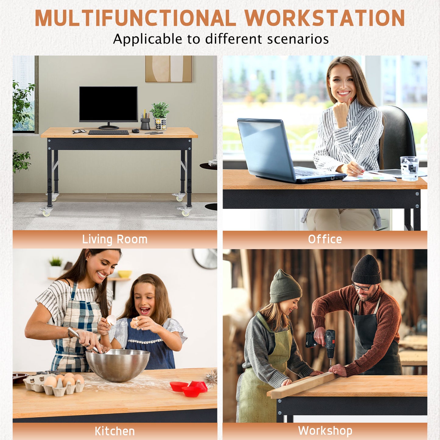 48" Heavy-Duty Work Bench Adjustable Workbench portable Work Table 2000 LB Load Capacity w/Hardwood Top, Wheels and Metal Frame for Garage, Workshop, Office, Home, Workstation