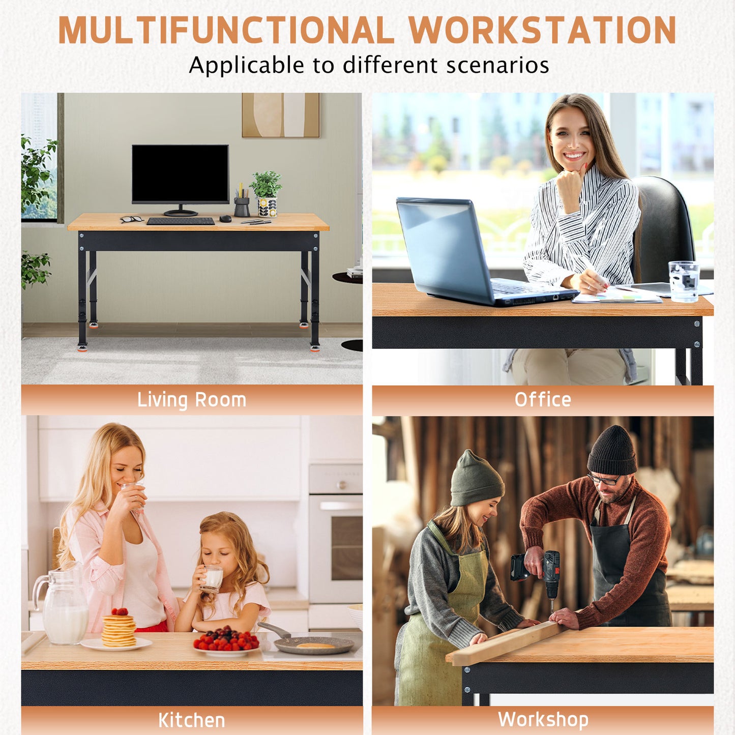 48" Heavy-Duty Work Bench Adjustable Workbench portable Work Table 2000 LB Load Capacity w/Hardwood Top, Foot Pads and Metal Frame for Garage, Workshop, Office, Home, Workstatio