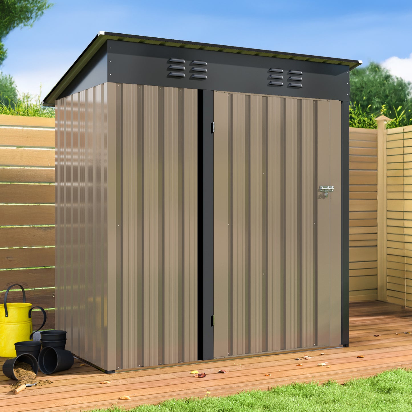 5'x3' Outdoor Metal Storage Shed with Updated Frame Structure and Lockable Doors for Backyard Garden Patio Lawn, Brown