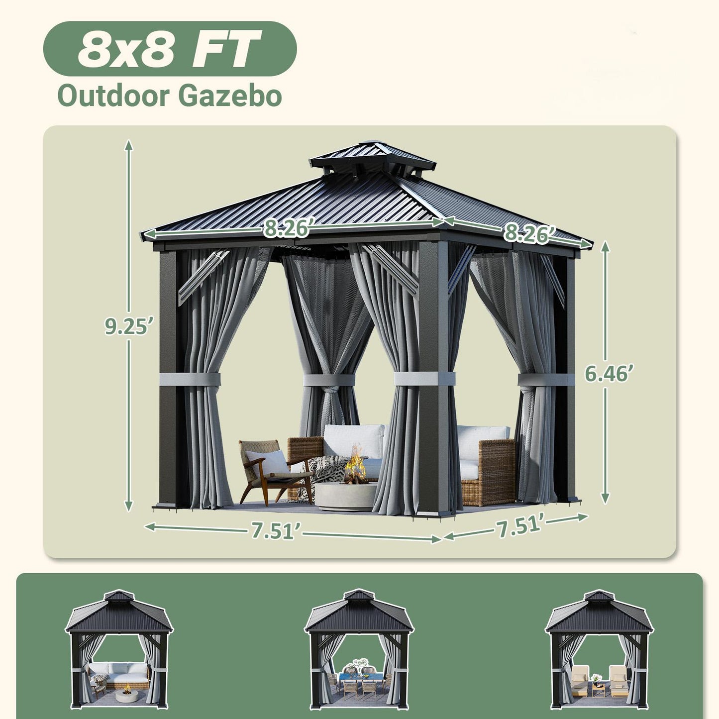 NETAJE 8x8 FT Steel Hardtop Gazebo with Double Roof & Mosquito Net for Patio Deck Backyard