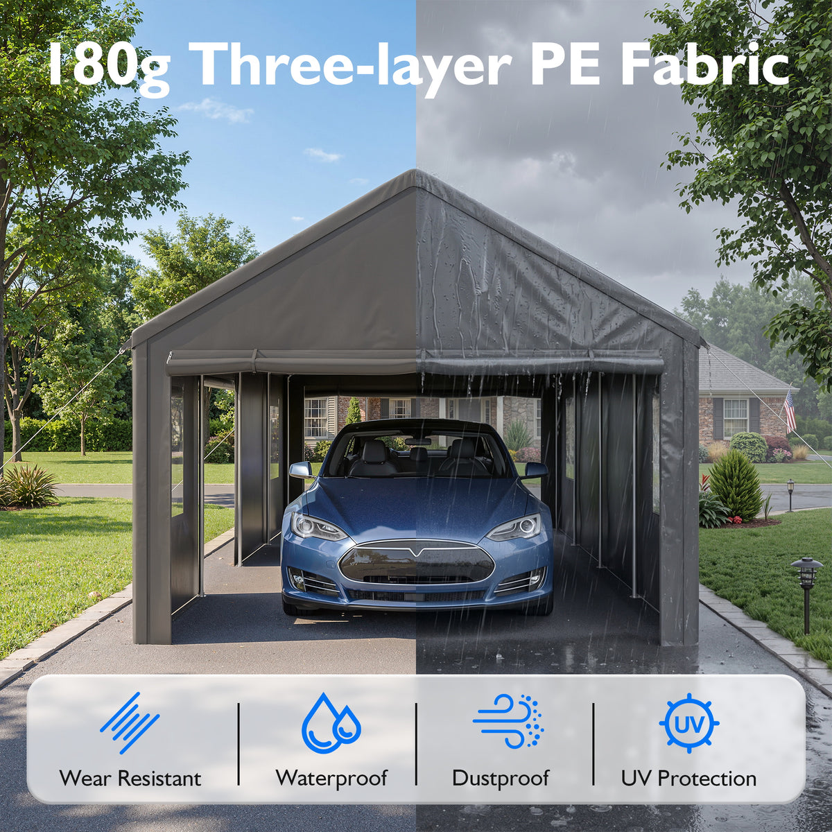 NETAJE 13'x25' Heavy Duty Portable Outdoor Garage Carport with Side-Opening Door, Roll-up Windows, Four-Hole Base for Car, Black