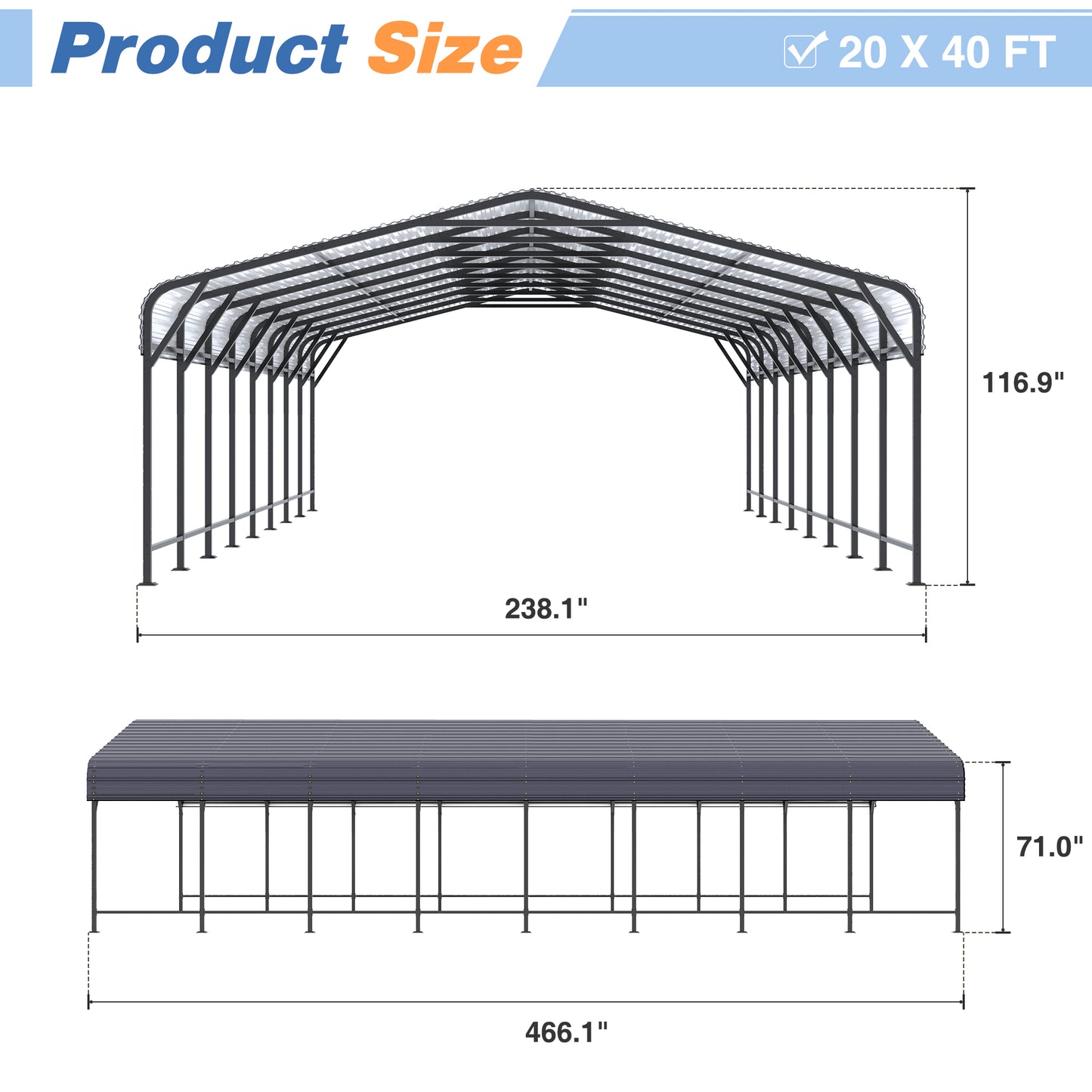NETAJE 20'x40' Outdoor Heavy-Duty Metal Carport with Enhanced Base & Galvanized Steel Roof for Car, Boats and Truck