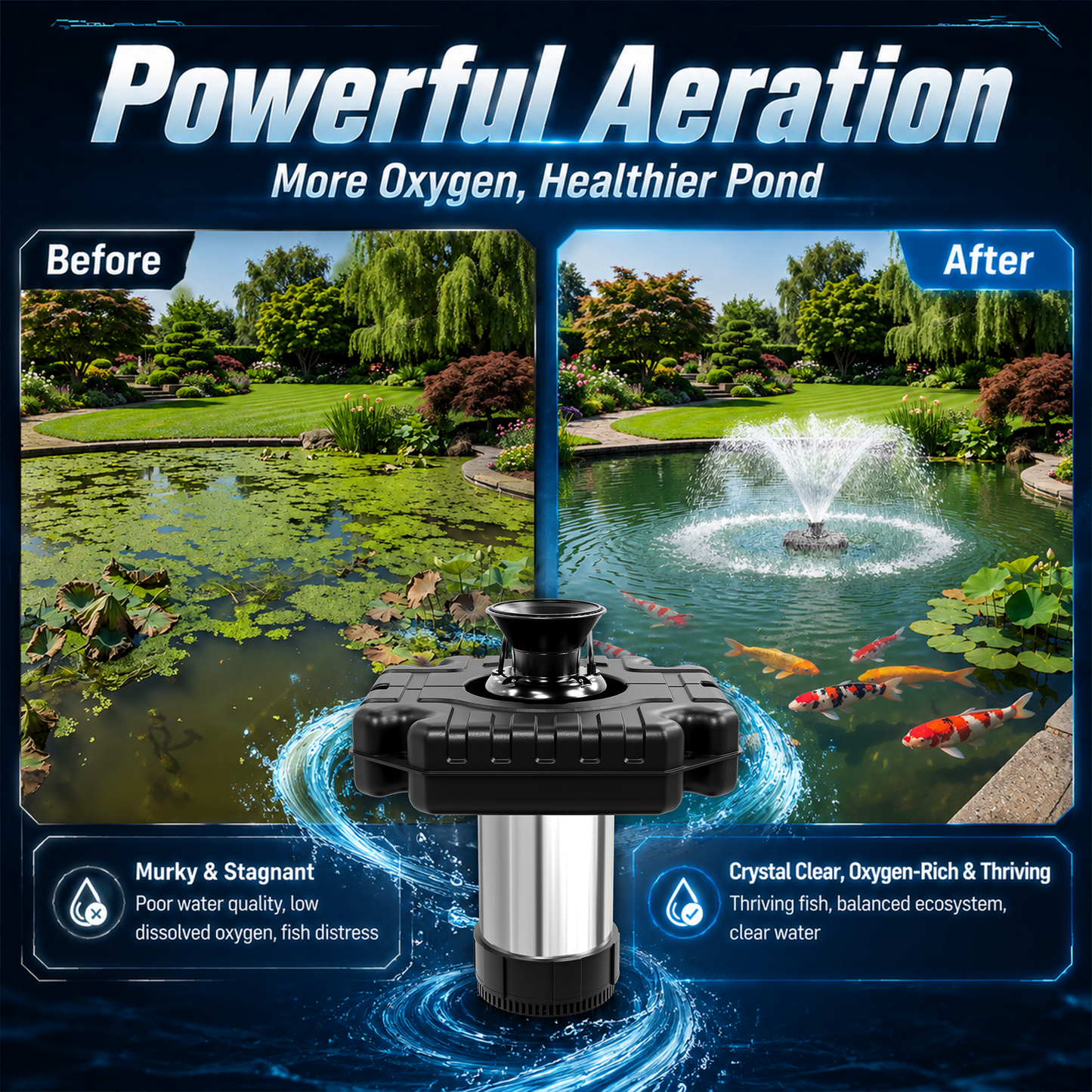 NETAJE Pond Fountain Aerator with 4 Color Changing LED Lights & Remote, Outdoor Water Fountain Pump for Ponds & Lakes,1HP 110V 750W 15000 GPH，Black