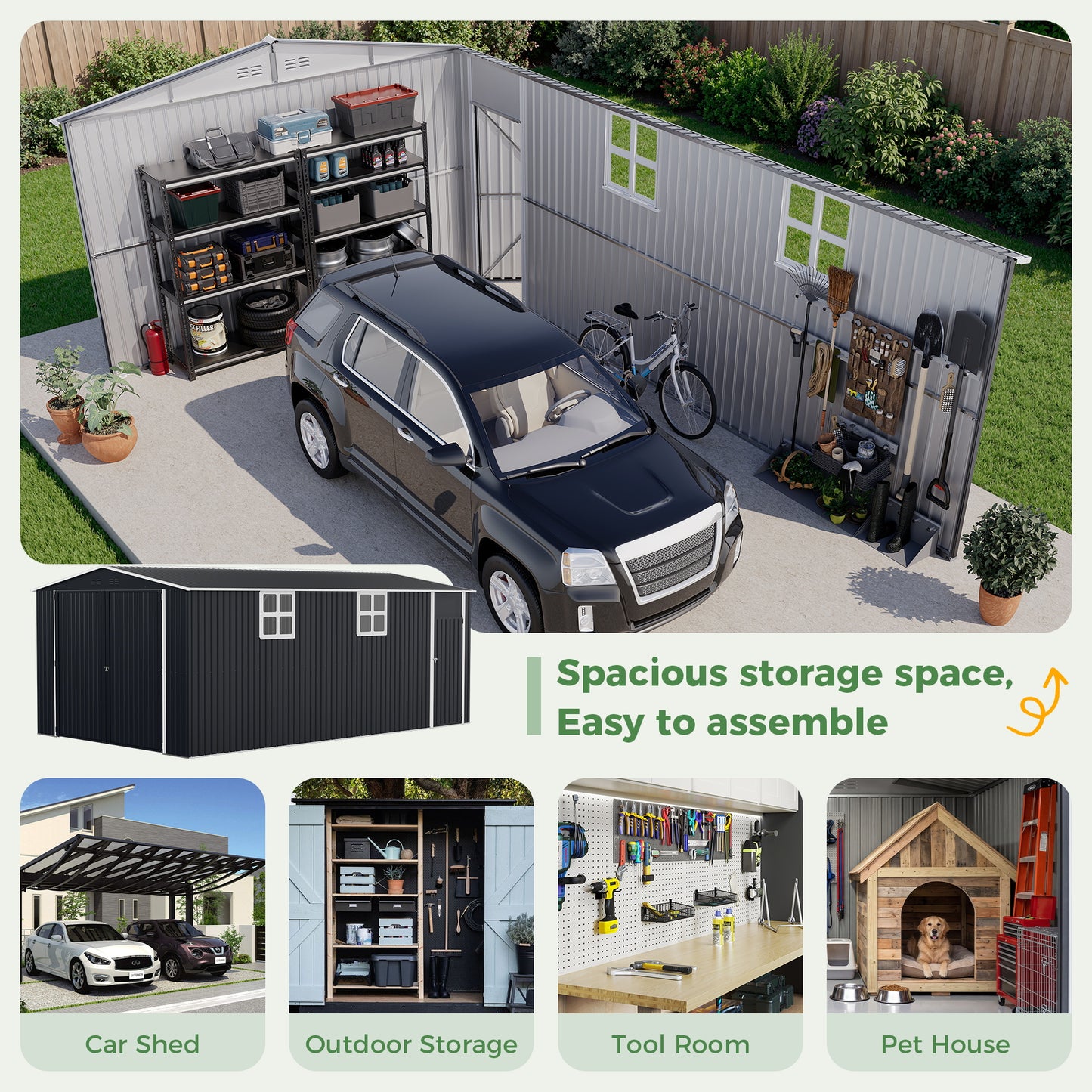NETAJE 12'x20' Outdoor Metal Storage Shed, Extra Large Metal Garage Shed with Featuring Sturdy Metal Frame, Window, Lockable Doors and Air Vent for Car, Boat, Truck, Black