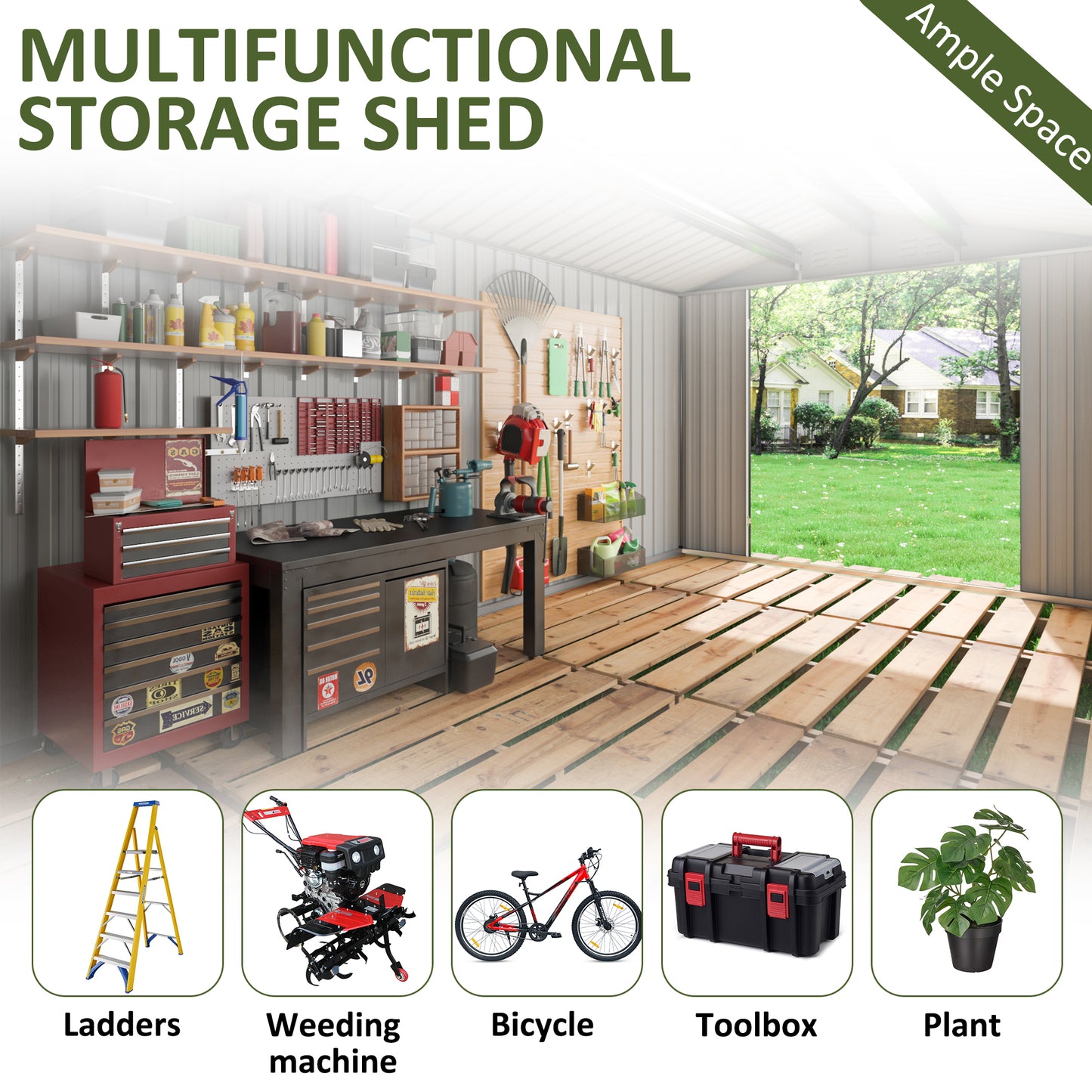 MUCHANT 8'x12' Outdoor Metal Storage Shed with Updated Frame Structure and Lockable Doors, Steel Garden Tool Sheds for Backyard, Patio, Lawn, Gray