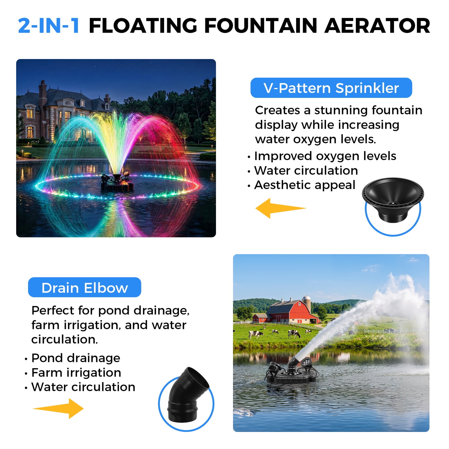 Floating Pond Fountain Aerator Pump for Outdoor Ponds and Pools with 2 LED Lights