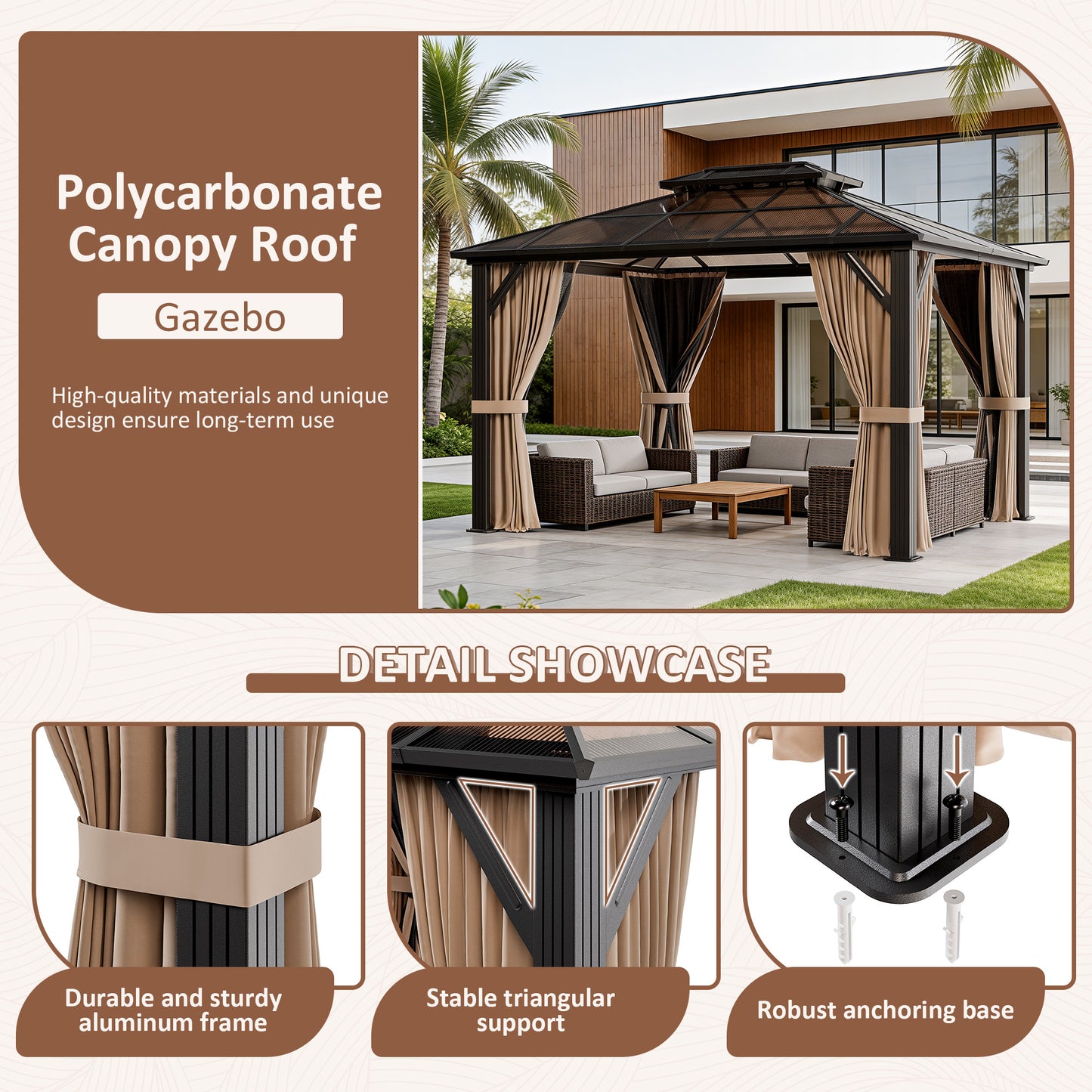 NETAJE 10x12 FT Hardtop Gazebo, Heavy Duty Gazebo with Aluminum Frame and PC Panel Double Roof, Outdoor Permanent Pavilion with Curtains and Mosquito Netting for Patio, Backyard, Lawn