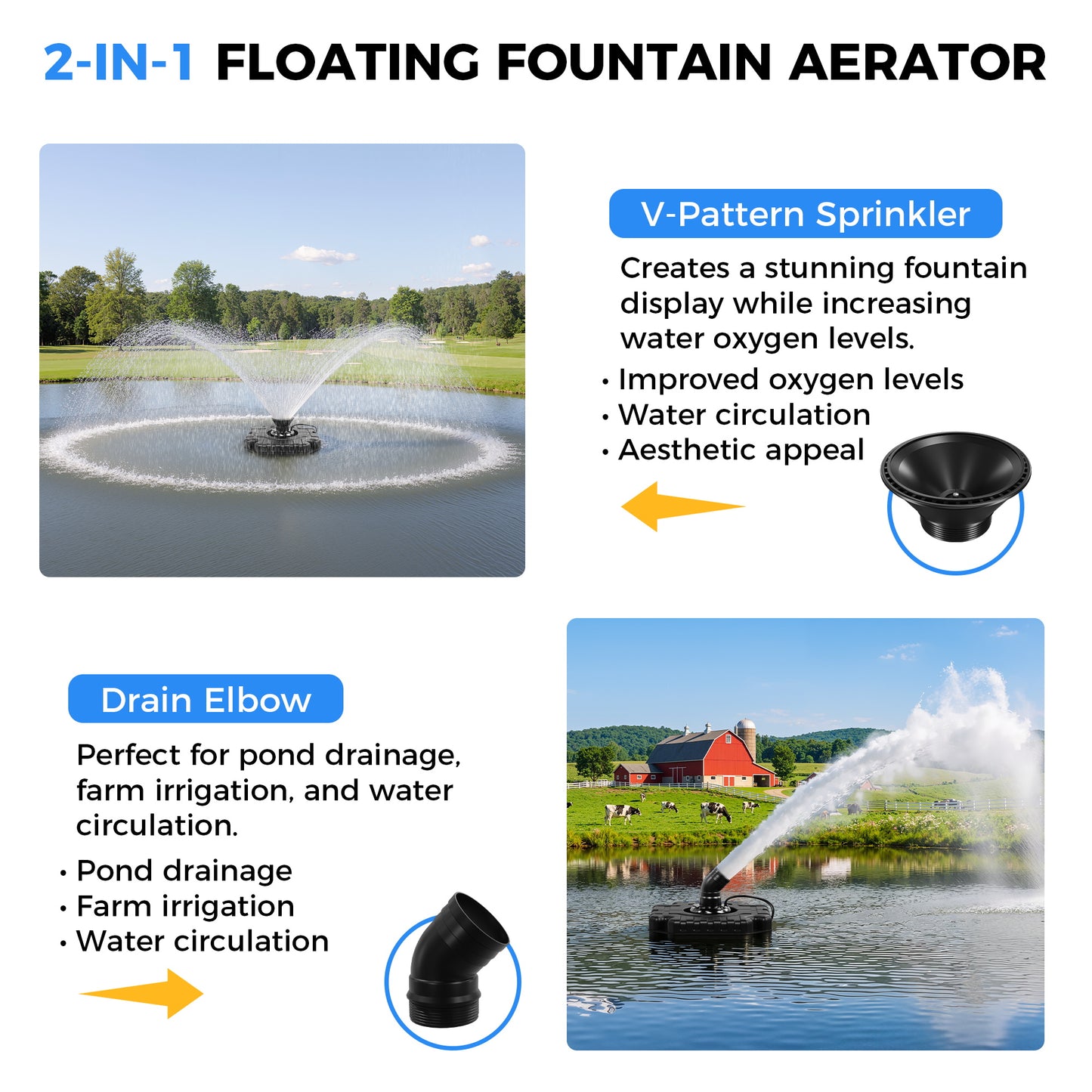 Floating Pond Fountain Aerator Pump for Outdoor Ponds and Pools with Optional LED Lights