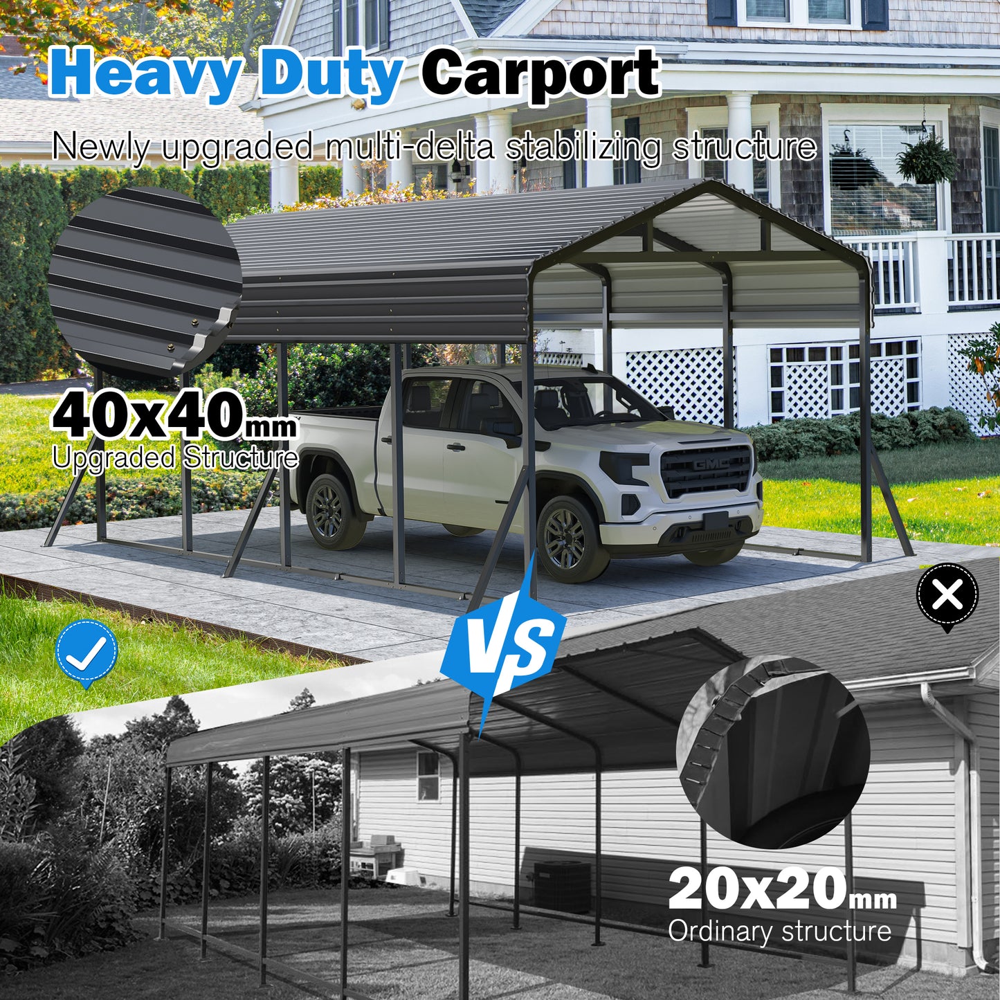 12’X20’ Outdoor Heavy-Duty Carport Galvanized Steel Roof with Reinforced Stable Triangle Frame & Enhanced Base for Car, Pickup and Truck