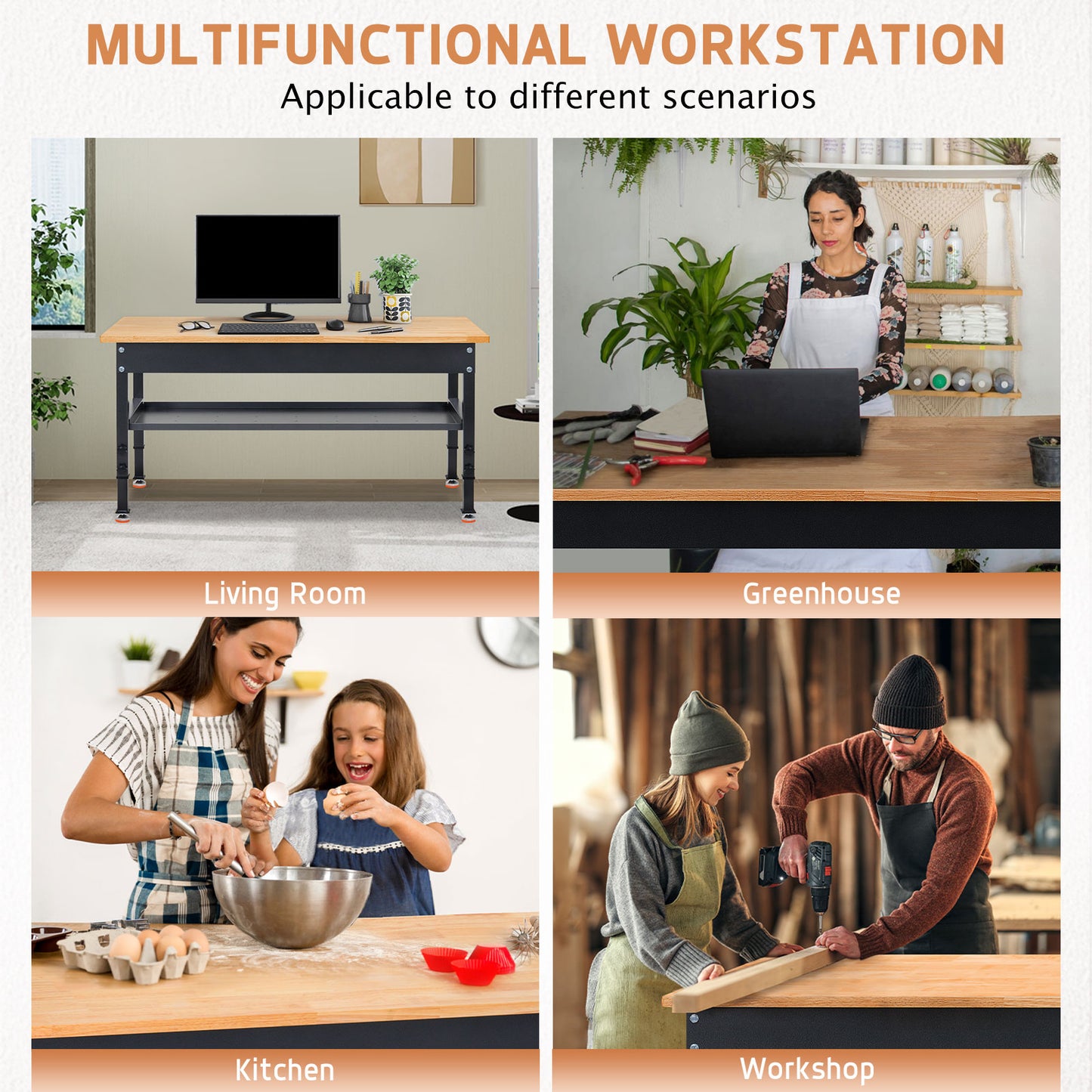 48" Heavy-Duty Workbench Adjustable Work Bench Work Table 2000 LB Load Capacity w/Hardwood Top, Foot Pads, Partition and Metal Frame for Garage, Workshop, Office, Home, Workstation