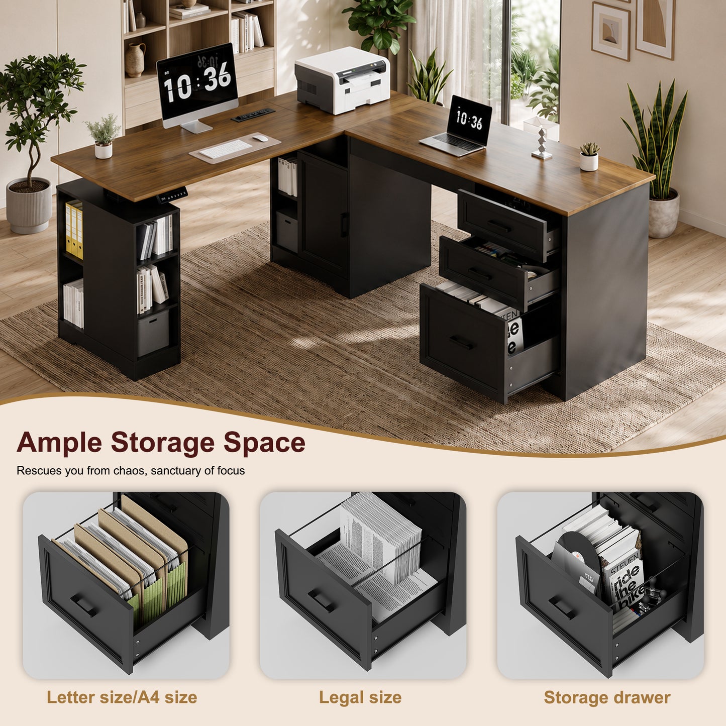 NETAJE L Shaped Electric Standing Desk, Height Adjustable Sit Stand Computer Desk with Power Outlet, Reversible Home Office Desk