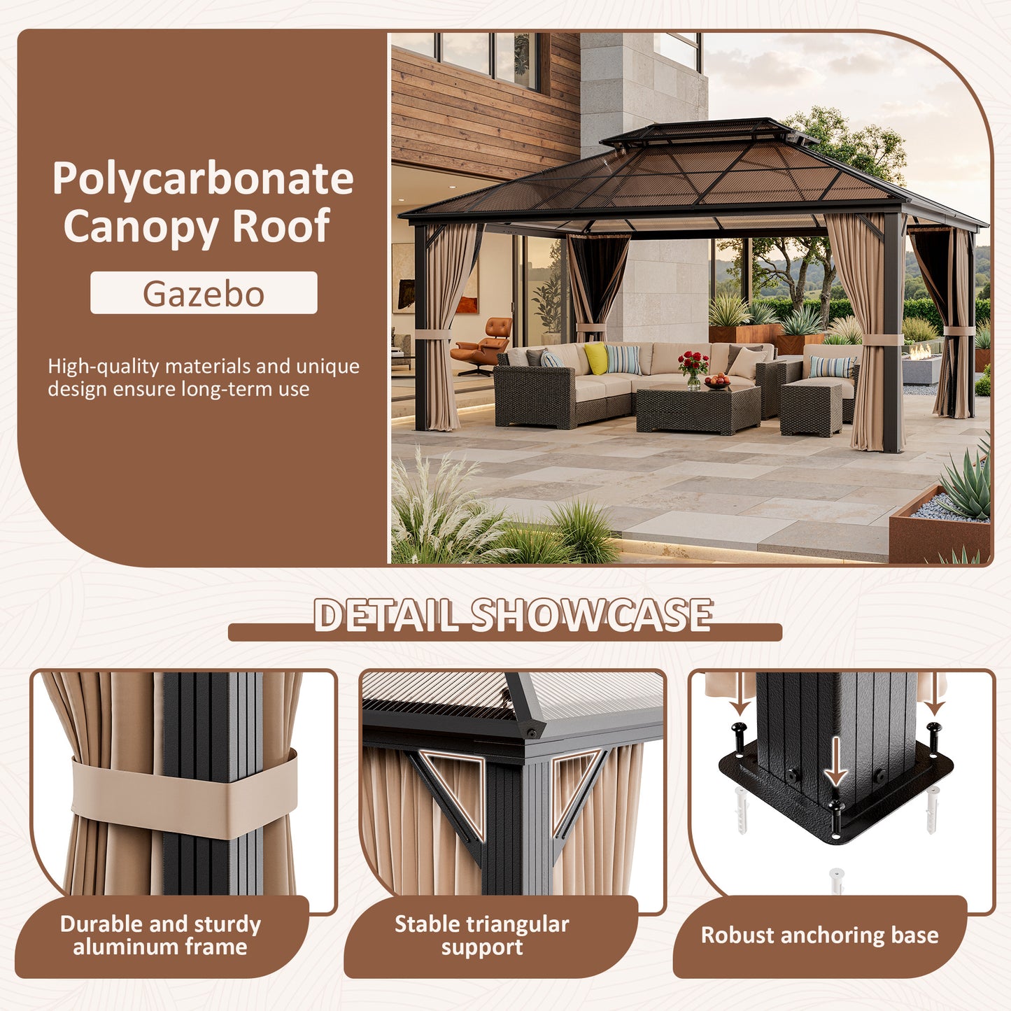 NETAJE 12x16 FT Hardtop Gazebo, Heavy Duty Gazebo with Aluminum Frame and PC Panel Double Roof, Outdoor Permanent Pavilion with Curtains and Mosquito Netting for Patio, Backyard, Lawn