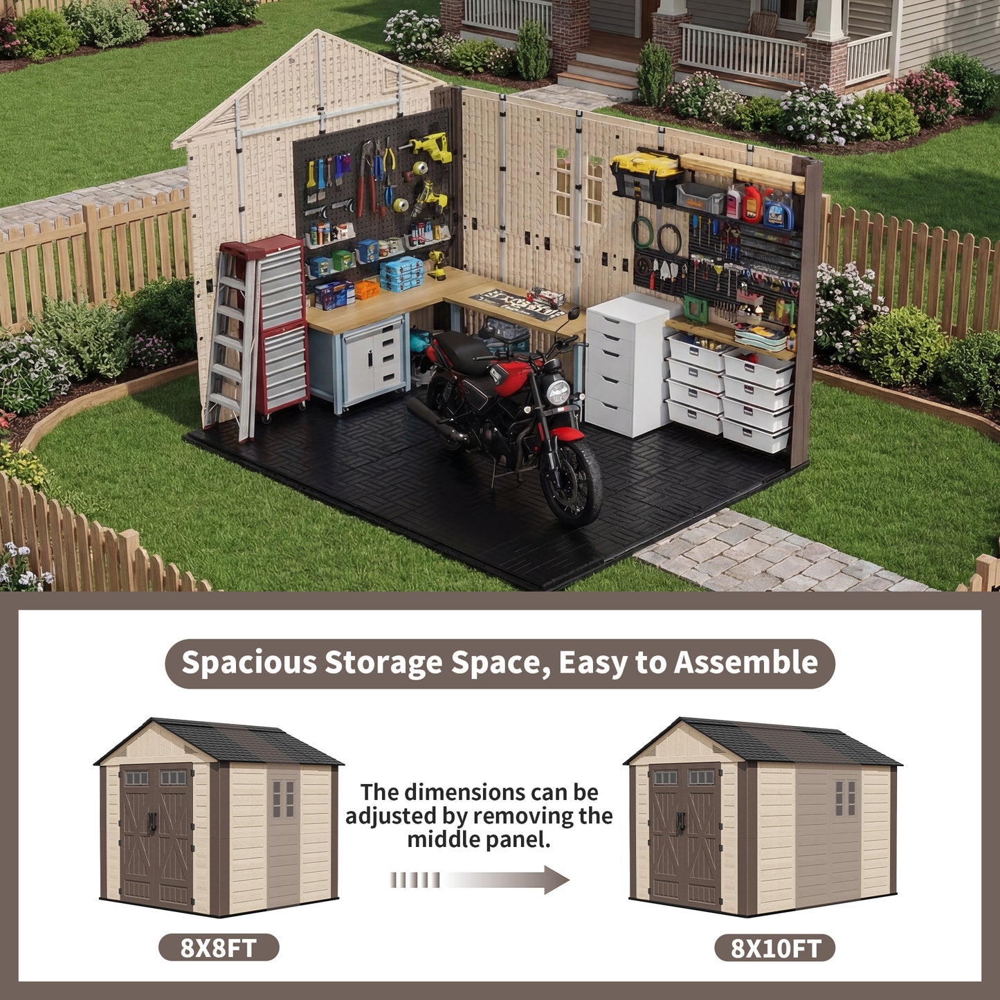 NETAJE 8x10 ft Resin Storage Shed, Outdoor Plastic Tool Shed with Floor, Lockable Door, Window and Vents for Patio, Backyard, Beige & Brown