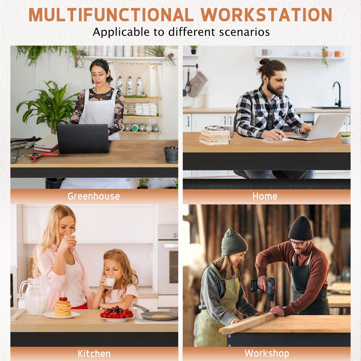 60" Heavy-Duty Workbench Adjustable Work Bench Work Table 2000 LB Load Capacity w/Hardwood Top, Wheels, Partition and Power Outlets for Garage, Workshop, Office, Home, Workstation