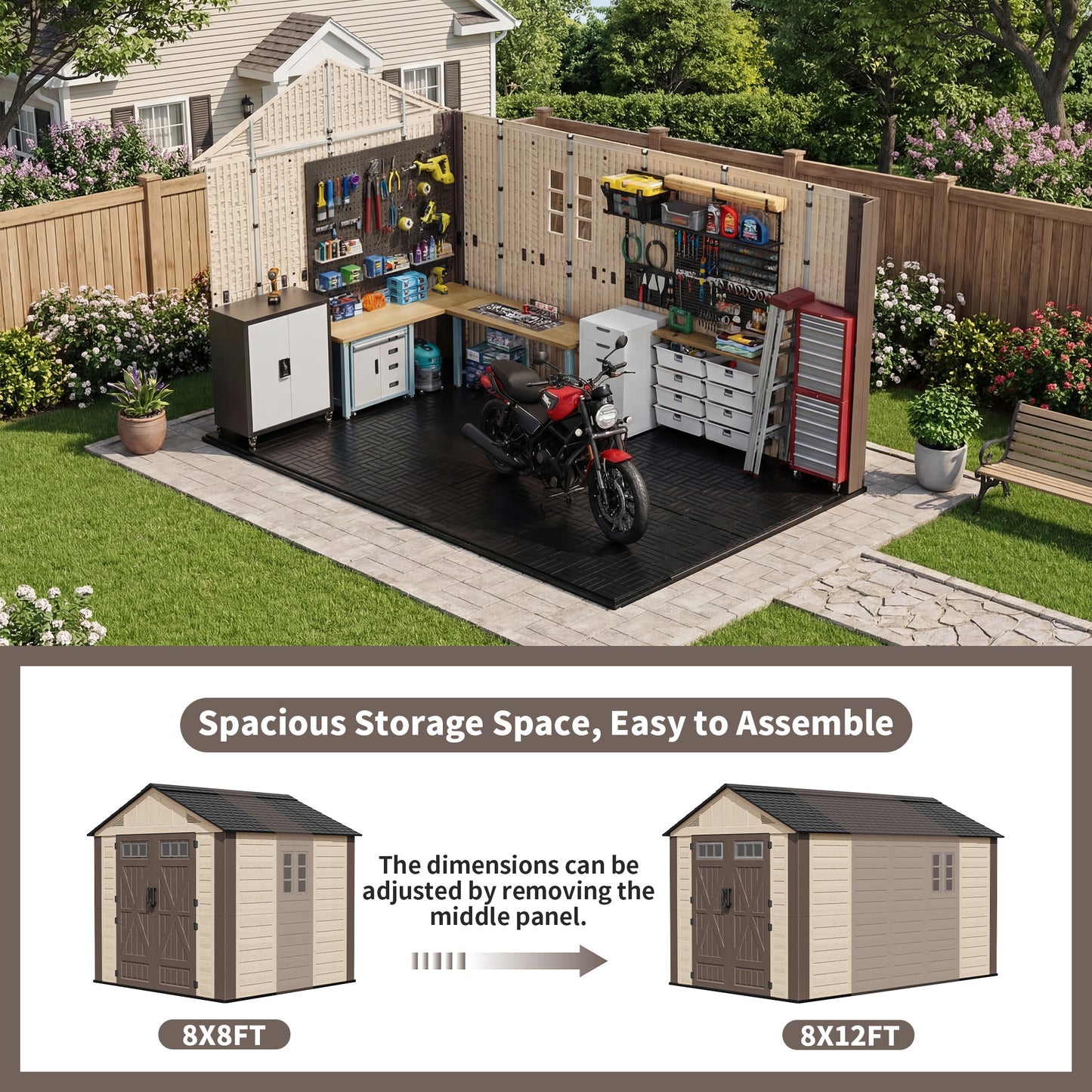 NETAJE 8x12 ft Resin Storage Shed, Outdoor Plastic Tool Shed with Floor, Lockable Door, Window and Vents for Patio, Backyard, Beige & Brown