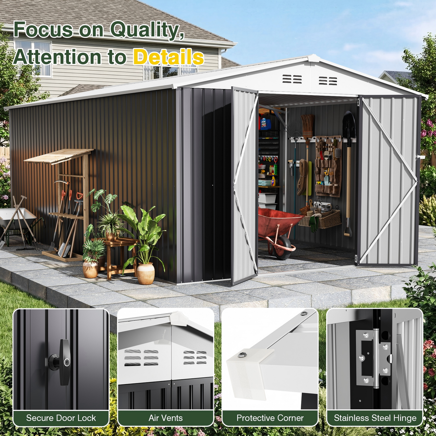 NETAJE 10'x16' Outdoor Storage Shed with Lockable Doors and Updated Frame, Metal Steel Storage Sheds for Outside, Backyard, Garden, Lawn