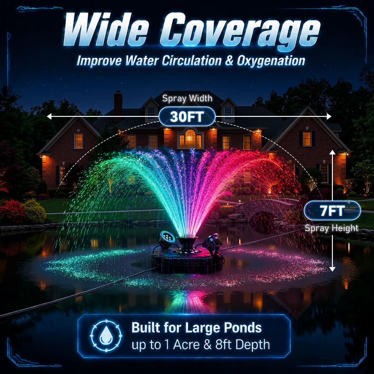 Pond Fountain Aerator with Color Changing LED Lights & Remote, Outdoor Water Fountain Pump for Ponds & Lakes,1HP 110V 750W 15000 GPH，Black