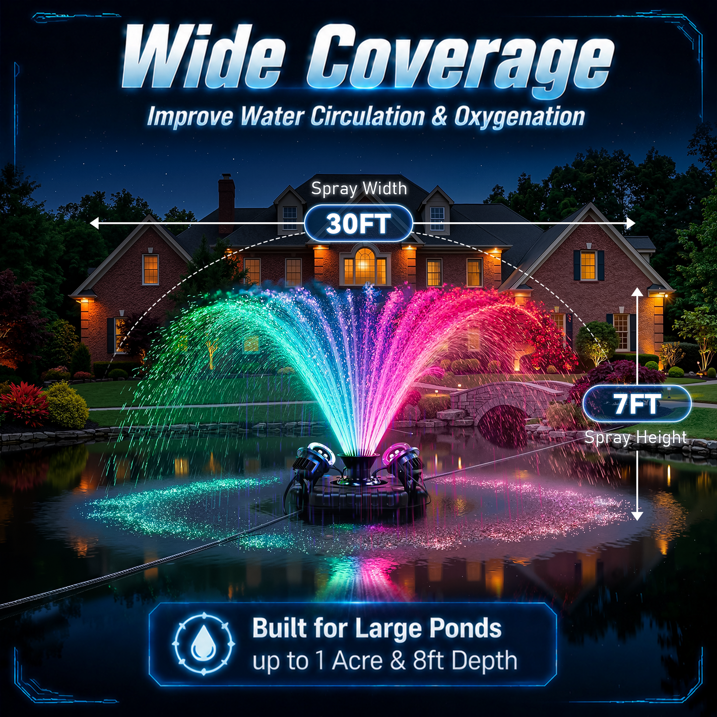 NETAJE Pond Fountain Aerator with 4 Color Changing LED Lights & Remote, Outdoor Water Fountain Pump for Ponds & Lakes,1HP 110V 750W 15000 GPH，Black