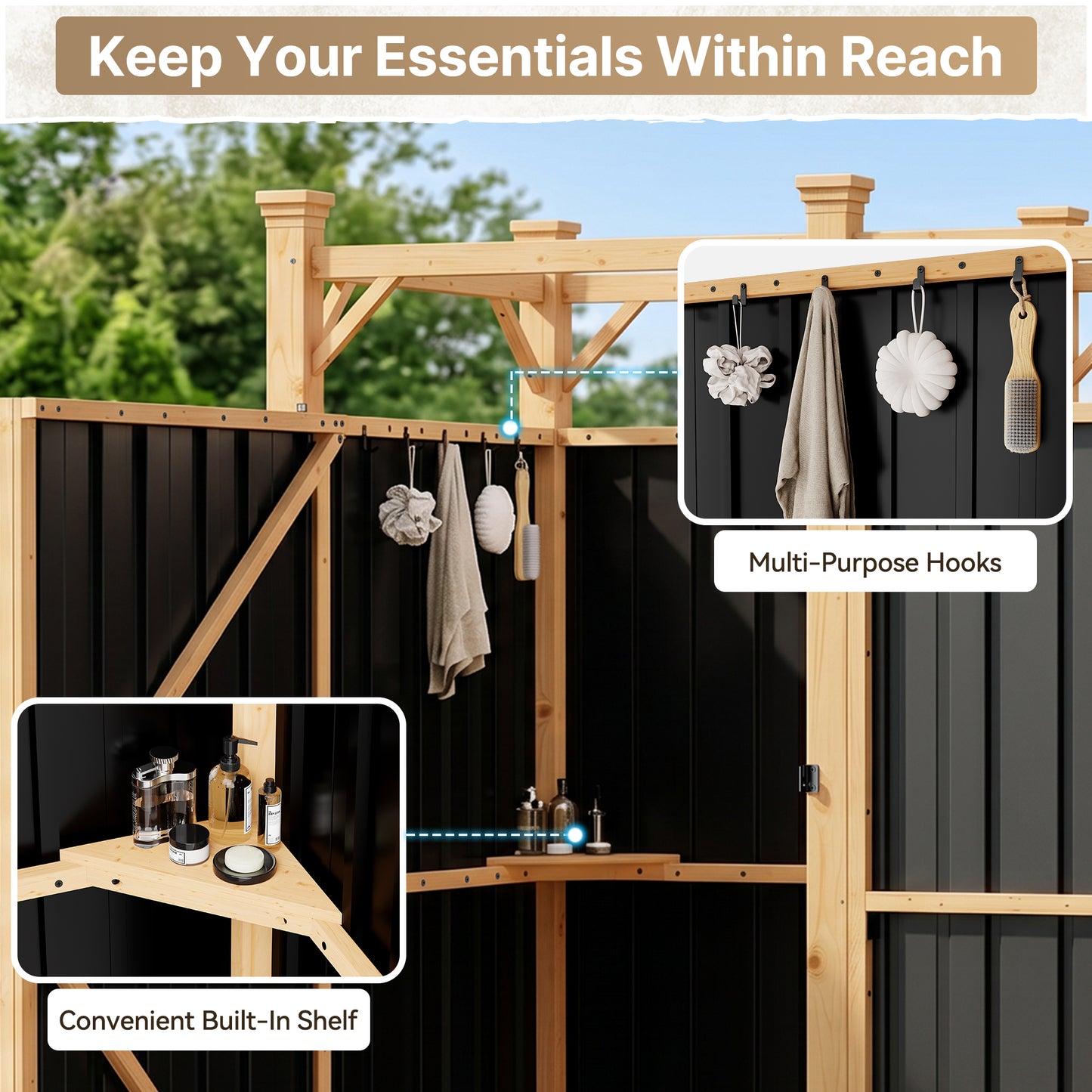 NETAJE 2-in-1 Outdoor Shower Enclosure with Changing Room, Solid Wood & Galvanized Steel Privacy Shower Stall for Poolside, Beach, Backyard