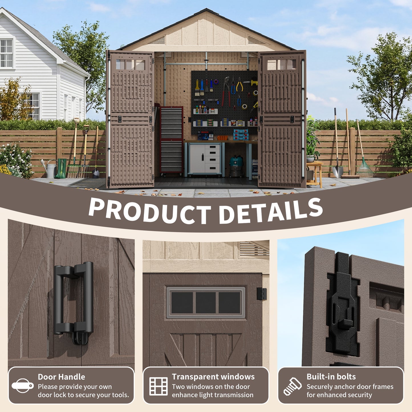 NETAJE 8x10 ft Resin Storage Shed, Outdoor Plastic Tool Shed with Floor, Lockable Door, Window and Vents for Patio, Backyard, Beige & Brown