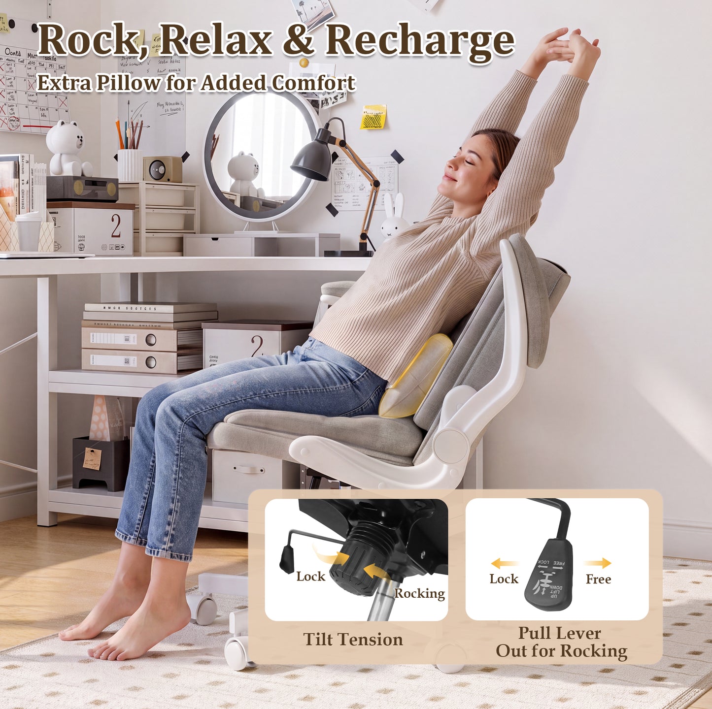 NETAJE Criss Cross Office Chair with Flip Backrest & Lumbar Pillow, Wide Cross Legged Desk Chair for Home Office, Bedroom
