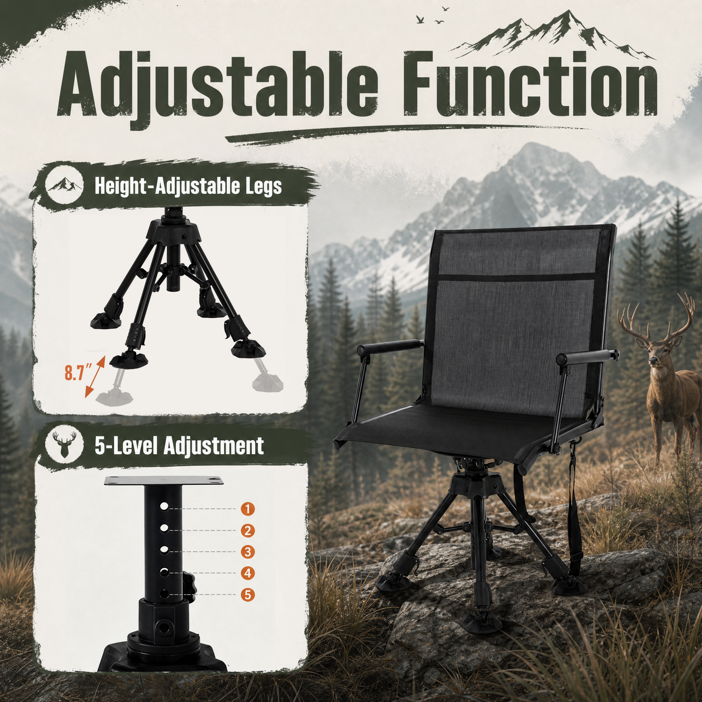 NETAJE 360°Swivel Hunting Blind Chair with Adjustable Legs, Folding Portable Hunting Chair with Cup Holder for Deer Hunting Fishing Camping Ground Blinds