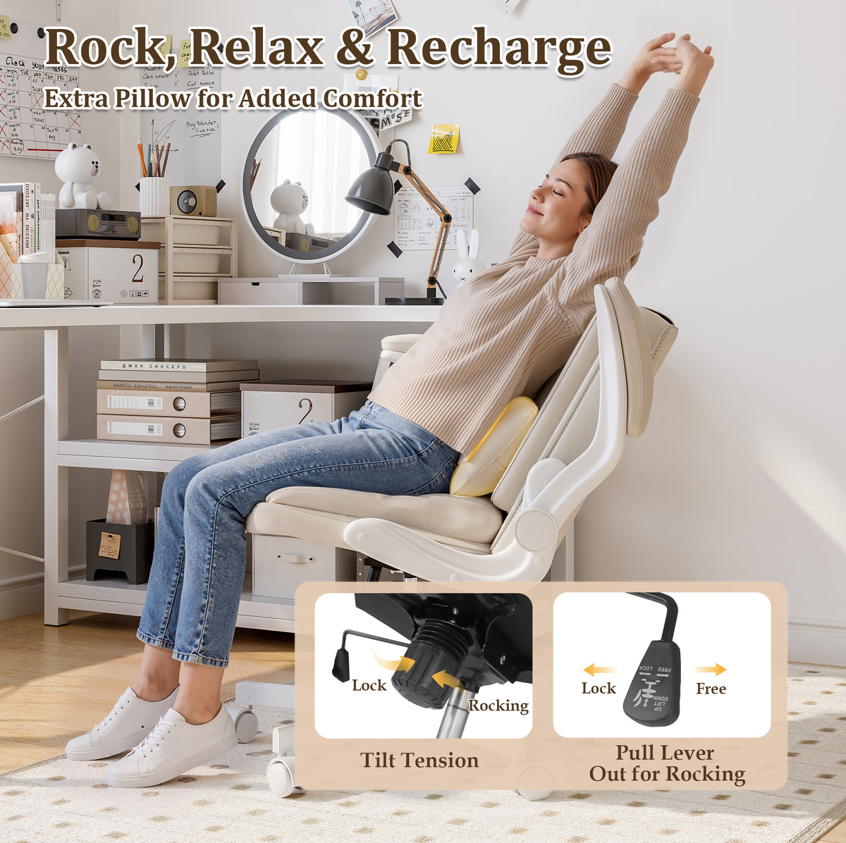 NETAJE Criss Cross Office Chair with Flip Backrest & Lumbar Pillow, Wide Cross Legged Desk Chair for Home Office, Bedroom