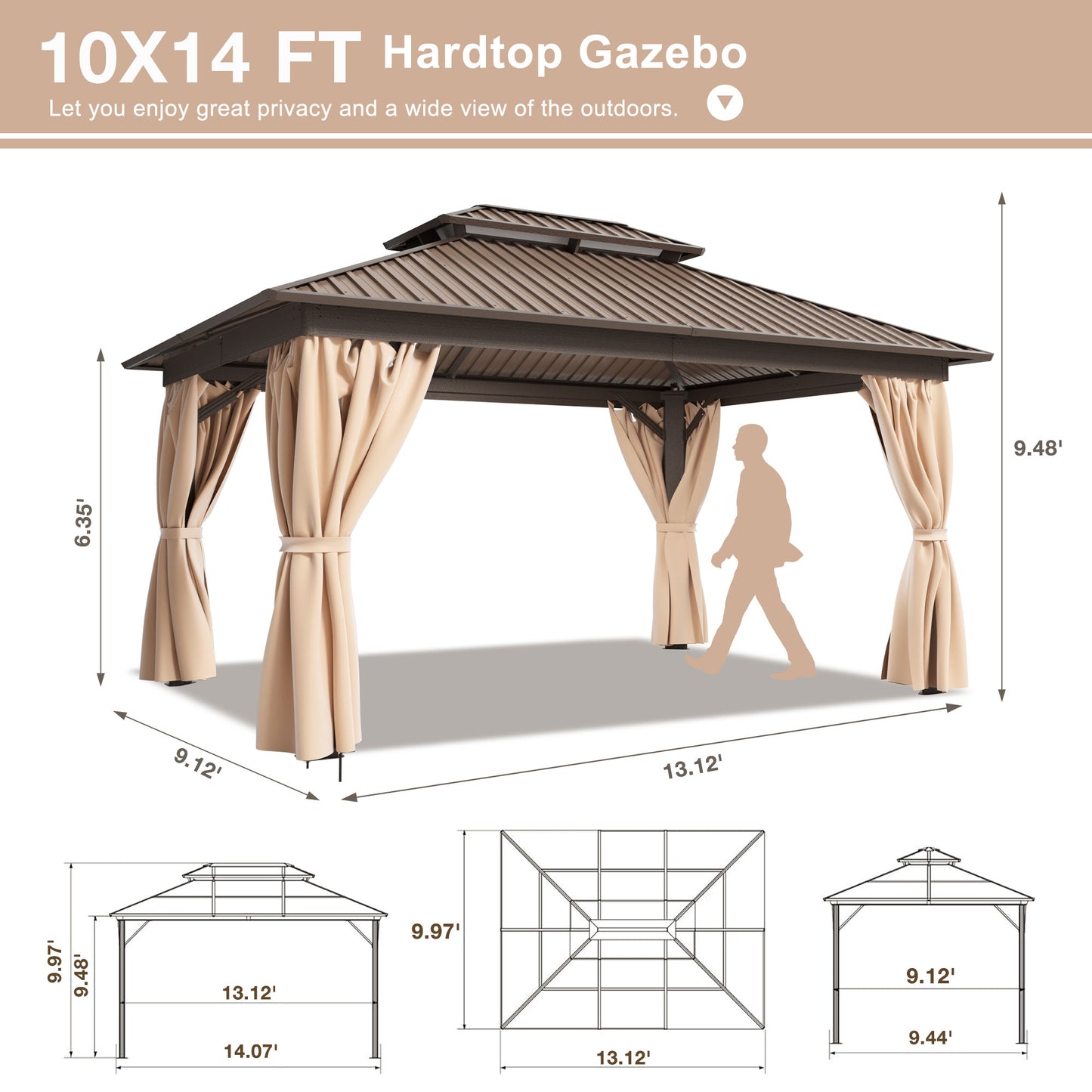 10x14 FT Hardtop Gazebo, Heavy Duty Gazebo with Aluminum Frame and Galvanized Steel Double Roof for Garden, Patio, Lawns