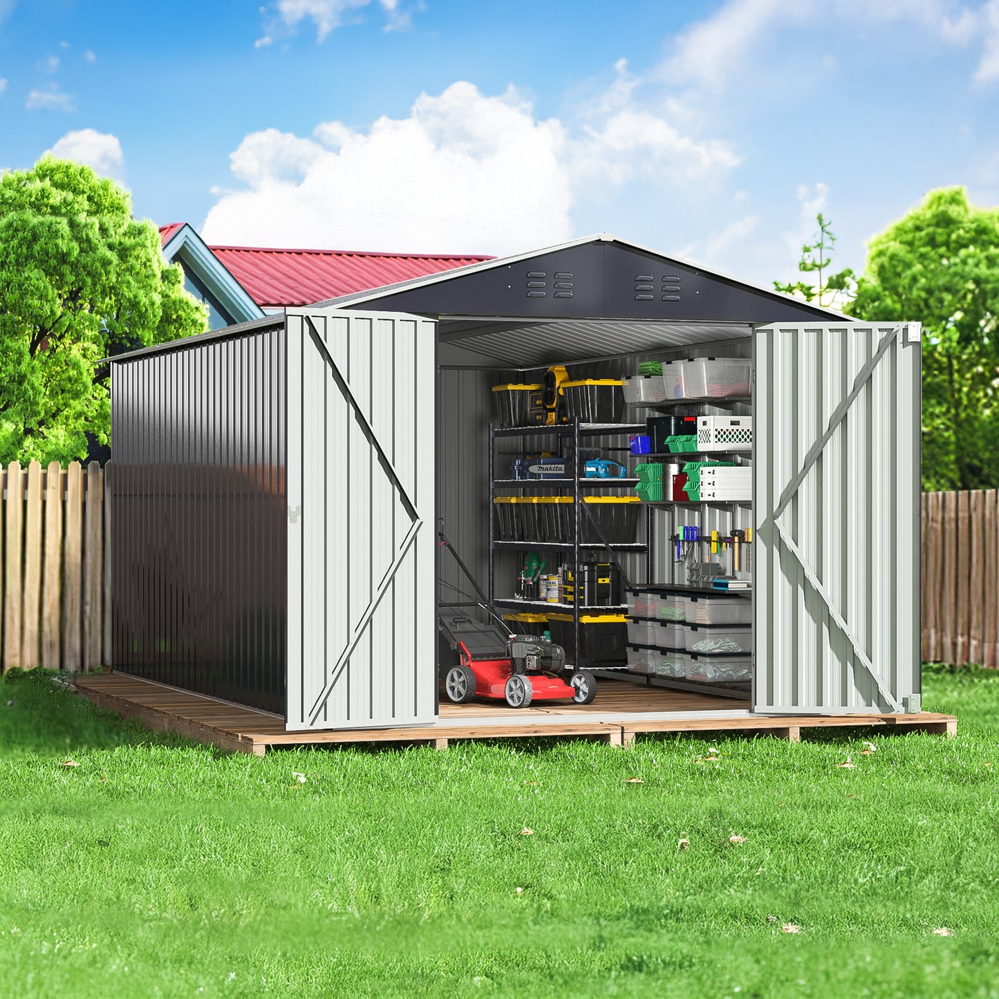 MUCHANT 8'x12' Outdoor Metal Storage Shed with Updated Frame Structure and Lockable Doors, Steel Garden Tool Sheds for Backyard, Patio, Lawn, Gray