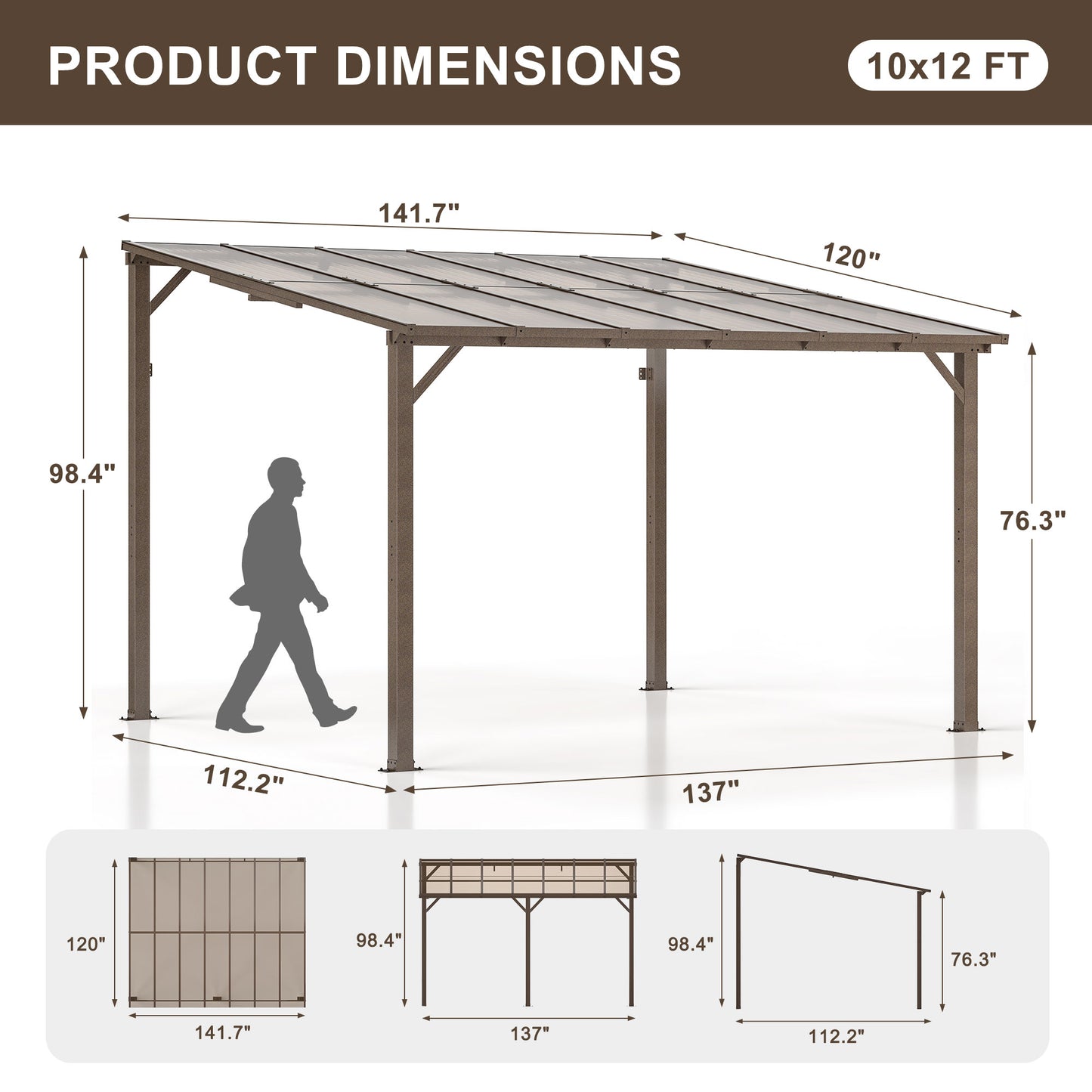 10' x 12' Gazebo, Outdoor Wall Mounted Gazebo & Pergola with Aluminum Frame for Patio, Decks, Porch and Backyard