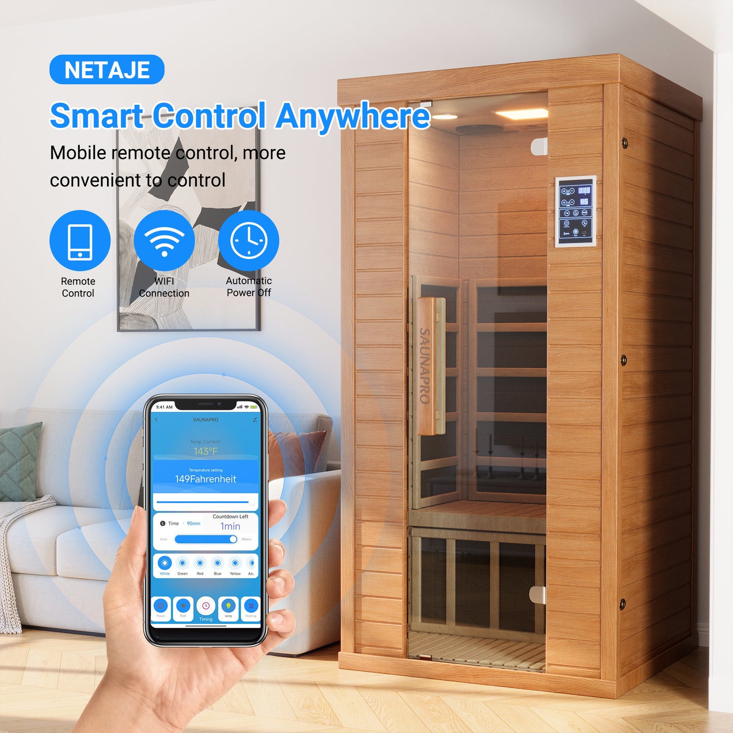 NETAJE 1 Person Sauna, Spectrum Infrared Sauna for Home with BT and WiFi Control, Indoor Dry Sauna with 5 Heater Panels, Home and Gym