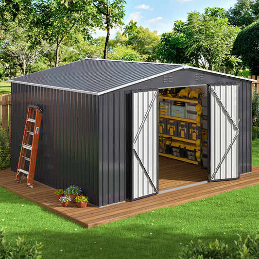 10x12ft Outdoor Metal Storage Shed with Updated Frame Structure and Lockable Doors,Garden Shed for Backyard, Garden, Patio, Lawn, Black