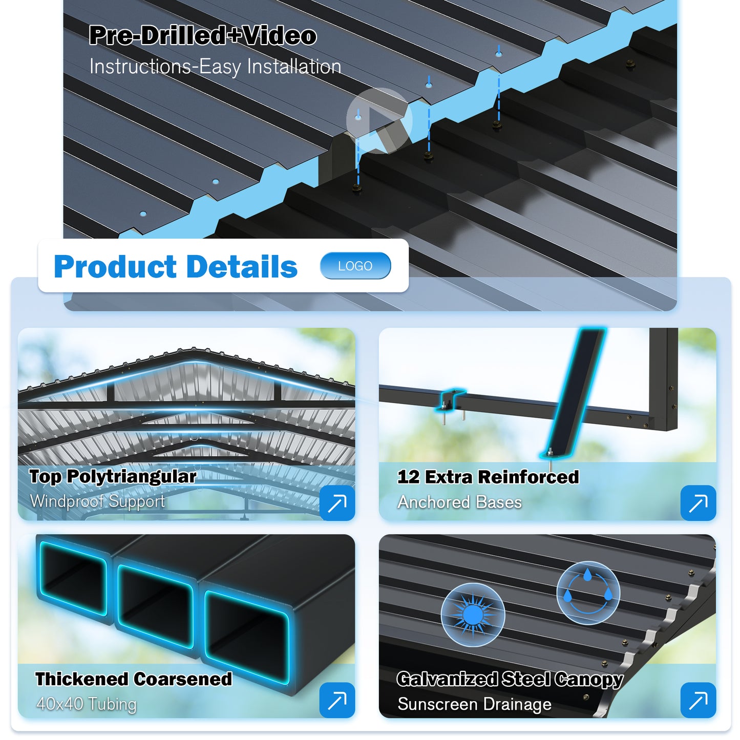 12’X20’ Outdoor Heavy-Duty Carport Galvanized Steel Roof with Reinforced Stable Triangle Frame & Enhanced Base for Car, Pickup and Truck