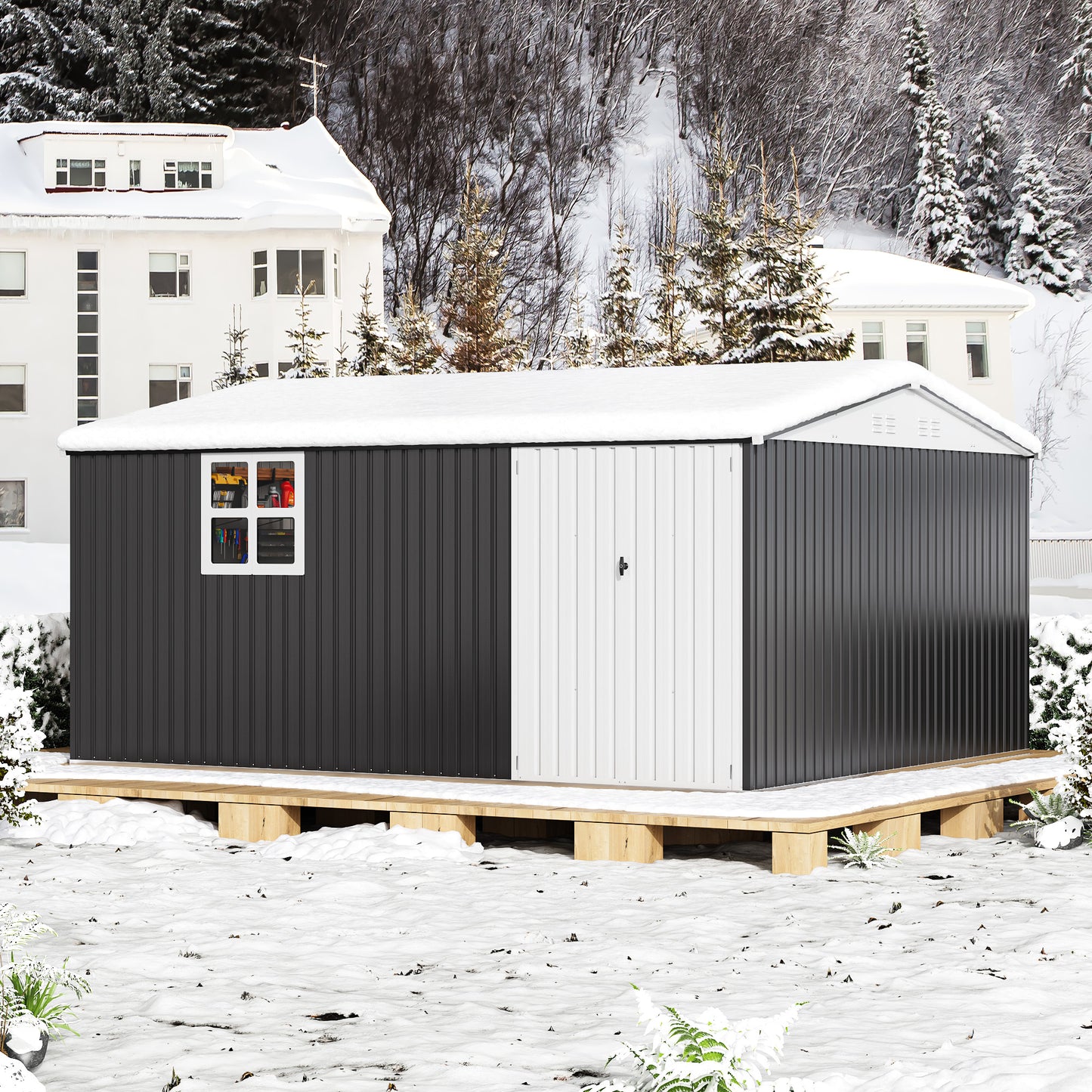 NETAJE 12'x14' Outdoor Metal Storage Garden Shed with Window, Lockable Doors and Air Vent for Backyard, Garden, Lawn, Dark Gray