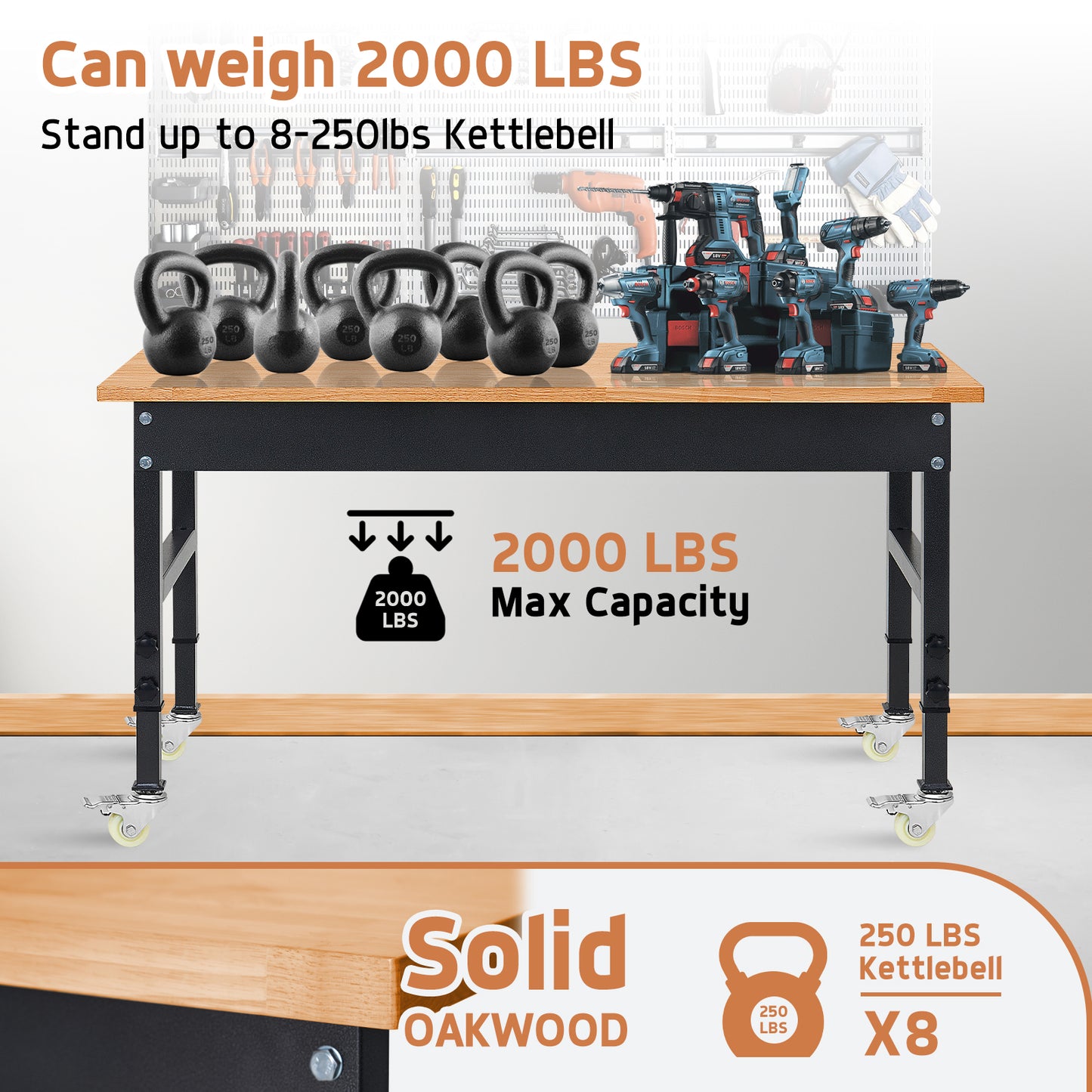 48" Heavy-Duty Work Bench Adjustable Workbench portable Work Table 2000 LB Load Capacity w/Hardwood Top, Wheels and Metal Frame for Garage, Workshop, Office, Home, Workstation