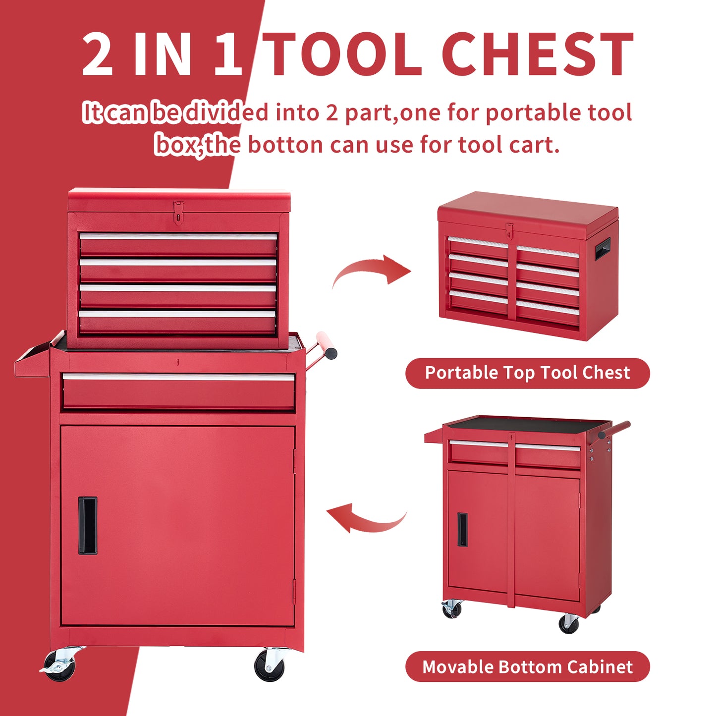 Metal Tool Chest,2 in 1 Steel Rolling Tool Box & Cabinet On Wheels for Garage,Detachable Top Tool Box and Lockable Wheels Metal Tool Cart for Garage,5-Drawer