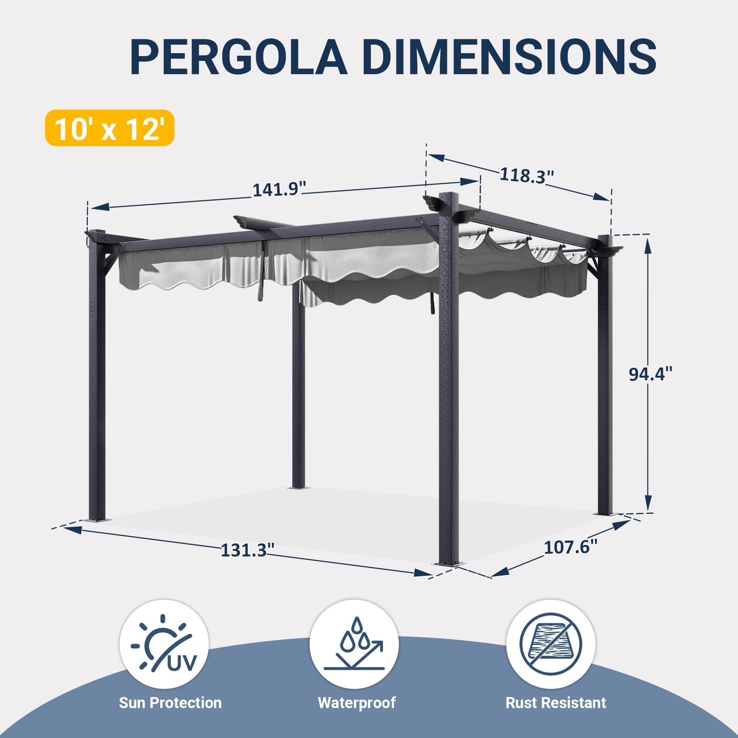 NETAJE 10'x12' Retractable Canopy Pergola, Heavy-Duty Outdoor Metal Gazebo Shelter with Adjustable Sun Shade, Patio Grape Trellis for Backyard, Deck, Garden