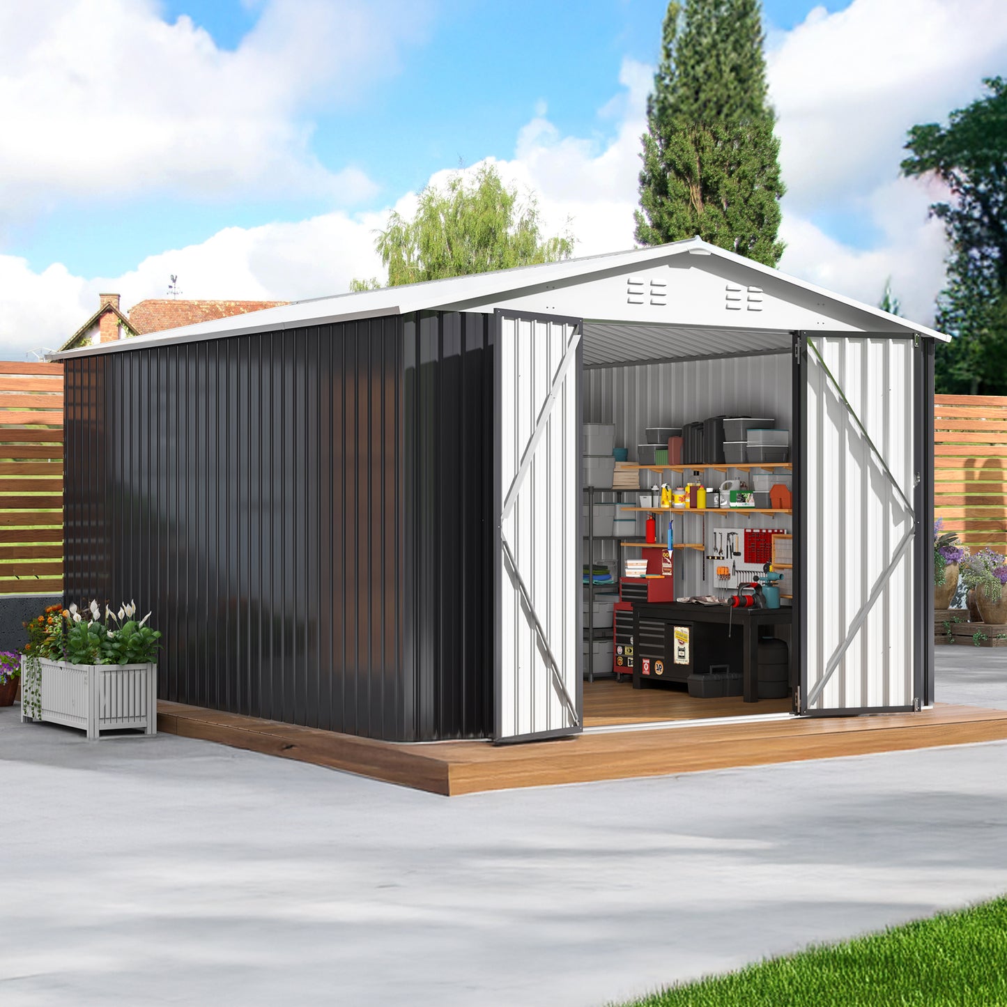 MUCHANT 10'x14' Outdoor Metal Storage Shed with Updated Frame Structure and Lockable Doors, Steel Garden Tool Sheds for Backyard, Patio, Lawn, White