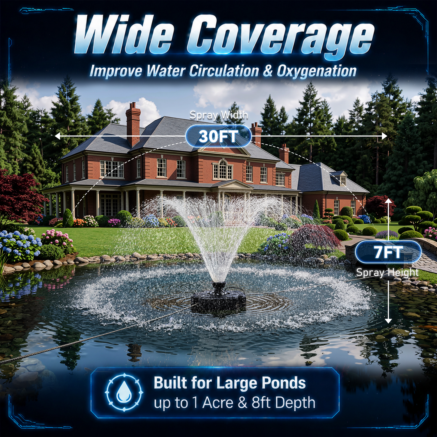 Pond Fountain Aerator with Remote Control & Timer and 100 Ft Power Cord,Outdoor Water Fountain Pump for Ponds & Lakes,1HP 110V 750W 15000 GPH，Black