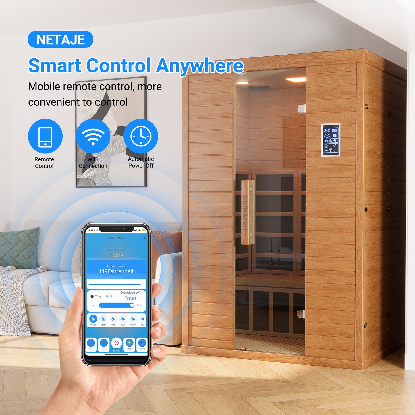 NETAJE 2 Person Sauna, Spectrum Infrared Sauna for Home with BT and WiFi Control, Indoor Dry Sauna with 5 Heater Panels, Home and Gym