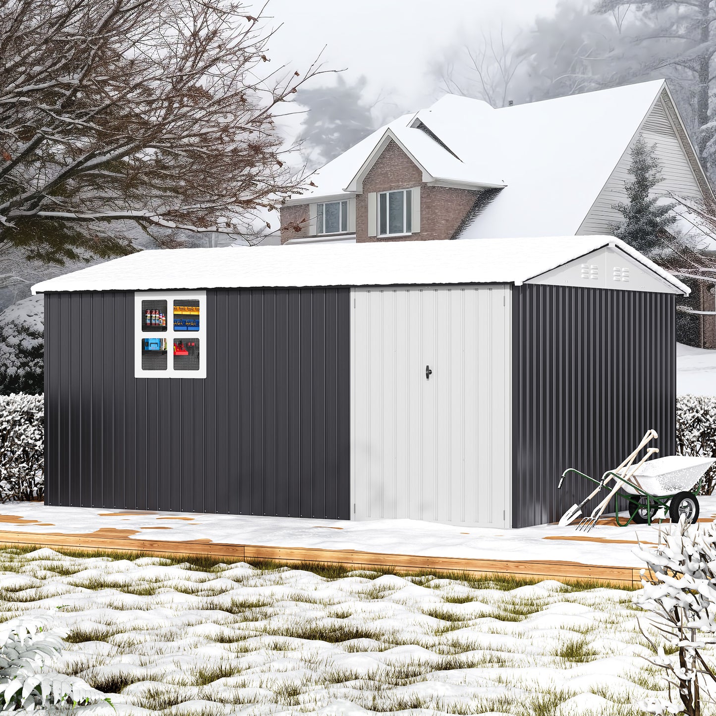 10'x14' Outdoor Metal Storage Garden Shed with Window, Lockable Doors and Air Vent for Backyard, Garden, Lawn, Dark Gray