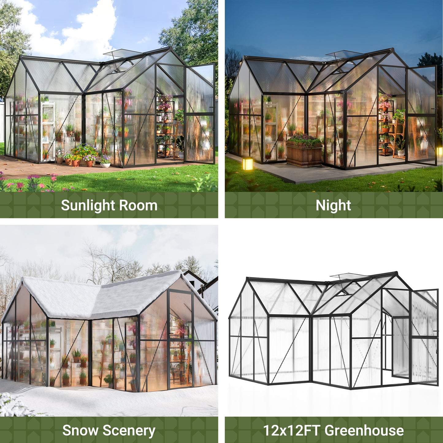 12'x12' T-Shape Outdoor Greenhouse, Double Roof Vents and Doors, Walk-in Polycarbonate Green House with Aluminum Frame for Backyard