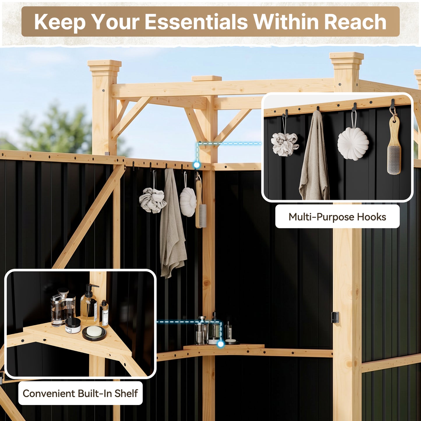 NETAJE Freestanding Outdoor Shower Enclosure,Wood Privacy Shower Stall with Metal Panels and Lockable Door,Waterproof Backyard Shower Room for Poolside, Patio & Beach House