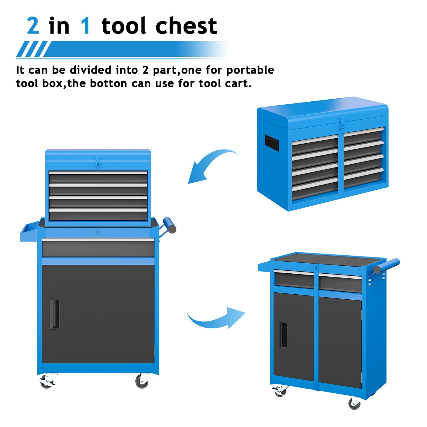 NETAJE Metal Tool Chest,2 in 1 Steel Rolling Tool Box & Cabinet On Wheels for Garage,Detachable Top Tool Box and Lockable Wheels Metal Tool Cart for Garage,5-Drawer