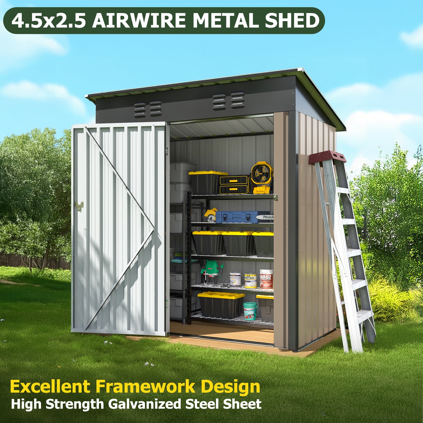 5'x3' Outdoor Metal Storage Shed with Updated Frame Structure and Lockable Doors for Backyard Garden Patio Lawn, Brown