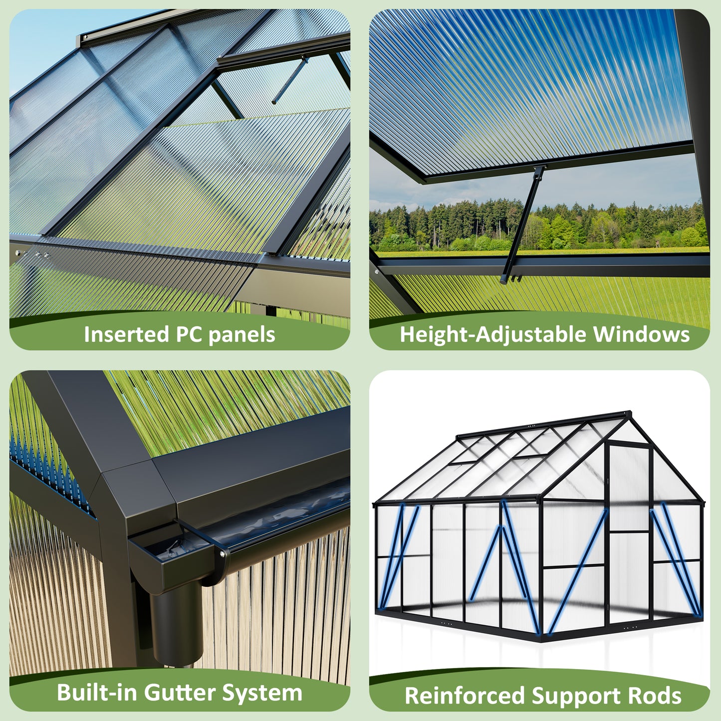 10' x 8' Polycarbonate Greenhouse, Large Aluminum Walk-in Green House with Window for Backyard