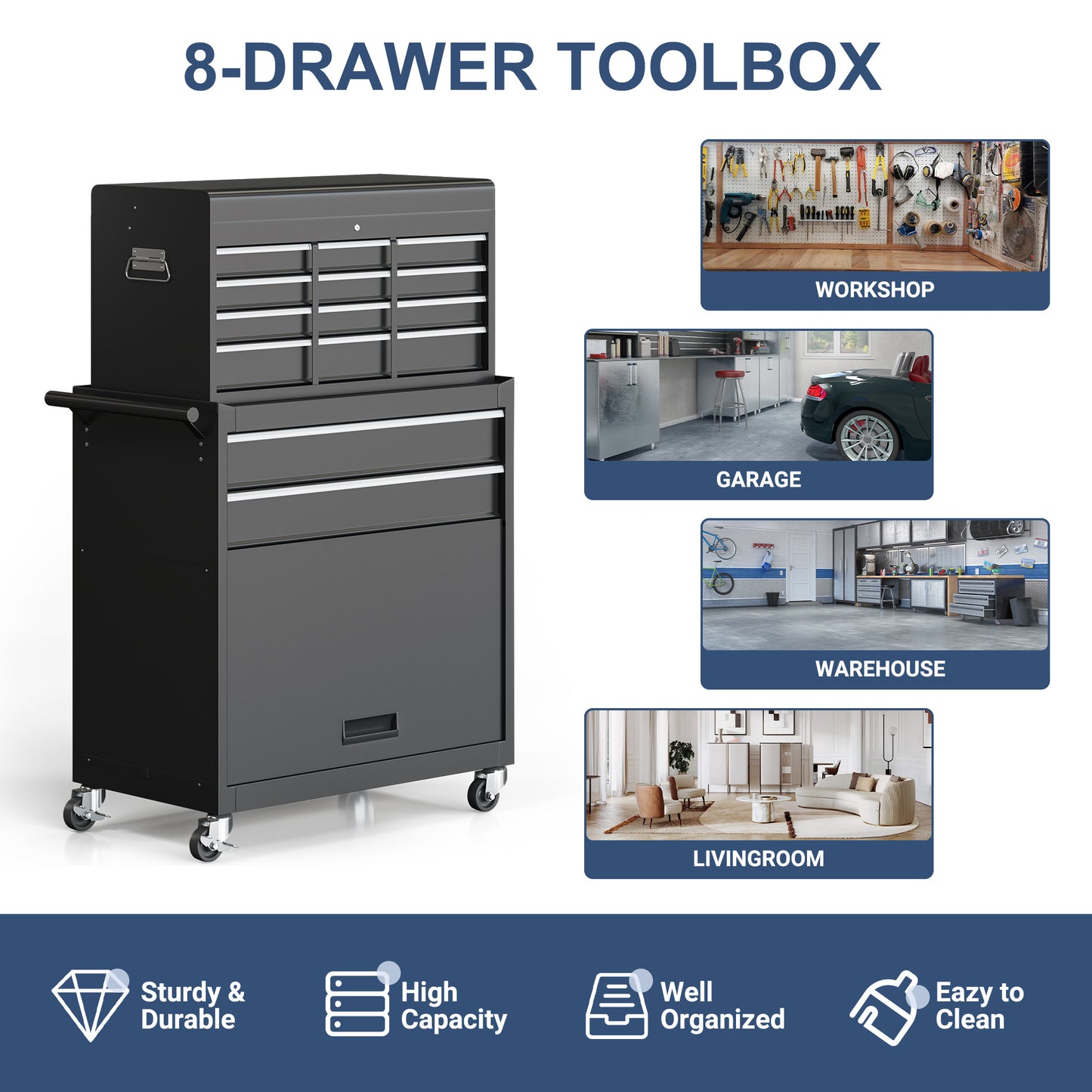 MUCHANT 8-Drawer Rolling Tool Chest, 2-in-1 Tool Box& Cabinet with Wheels, Drawers and Removable Top Tool Box for Garage, Warehouse, Workshop, Repair Shop, Black
